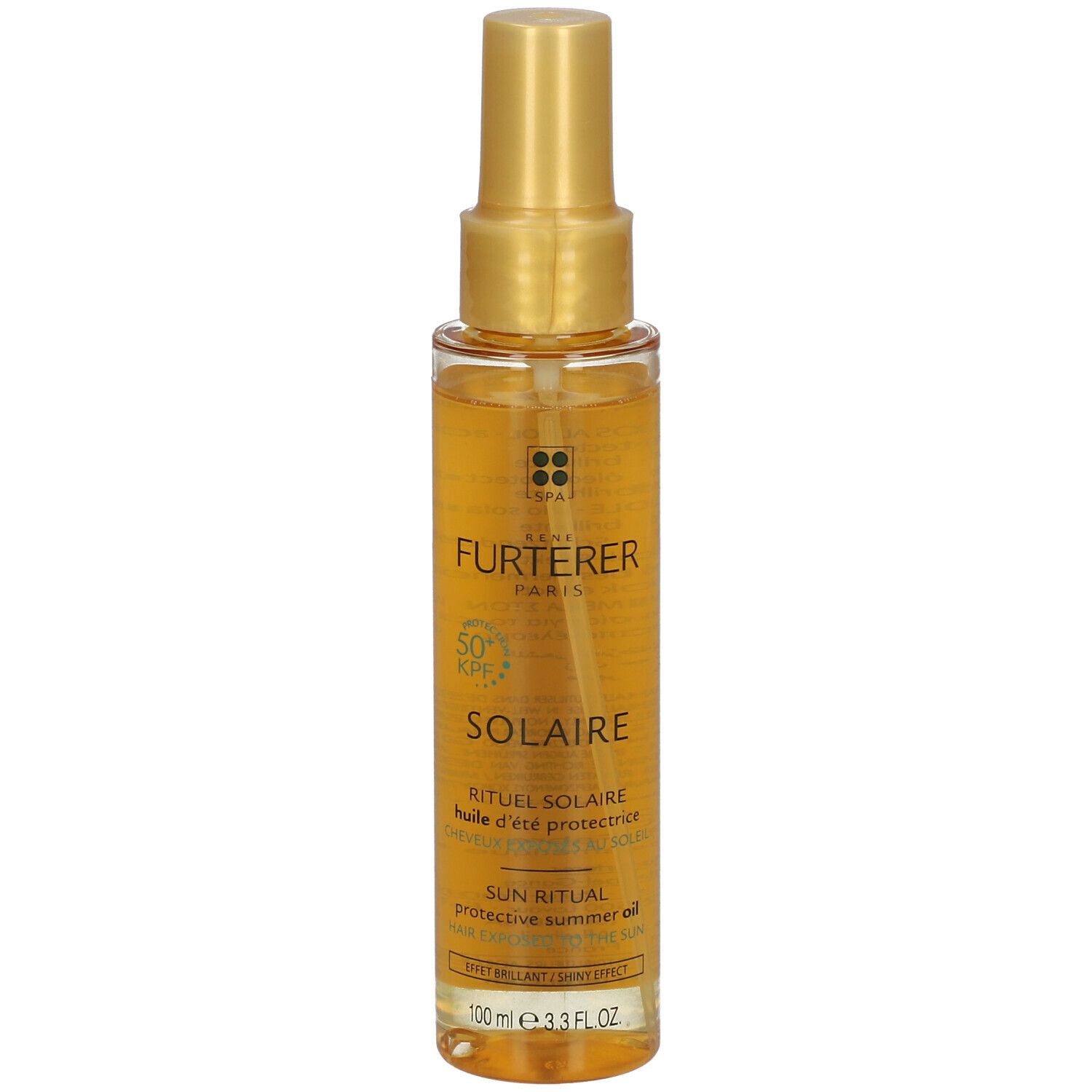 Flacone trasparente con liquido giallo. Scritta: Solaire, SPF 50+ e Rene Furterer Paris. Con vaporizzatore.
