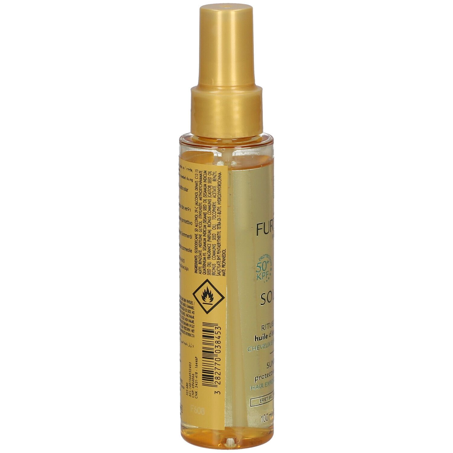 Retro del flacone con liquido giallo. Scritte e avvertenze. Con vaporizzatore.