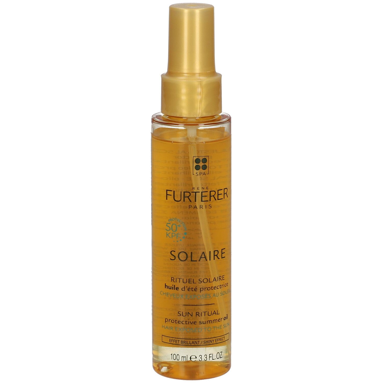 Flacone trasparente con liquido giallo. Scritta: Solaire, SPF 50+ e Rene Furterer Paris. Con vaporizzatore.