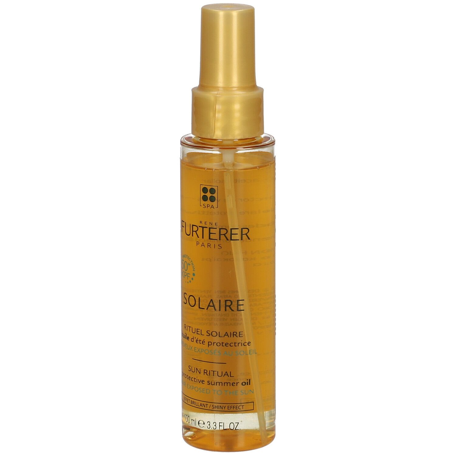 Flacone trasparente con liquido giallo. Scritta: Solaire, SPF 50+ e Rene Furterer Paris. Con vaporizzatore.