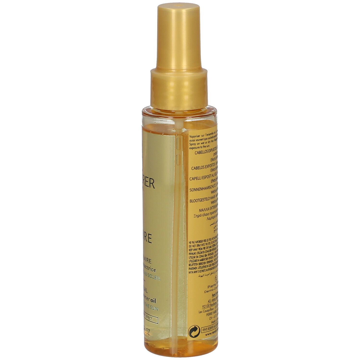 Retro del flacone con liquido giallo. Scritte e avvertenze. Con vaporizzatore.