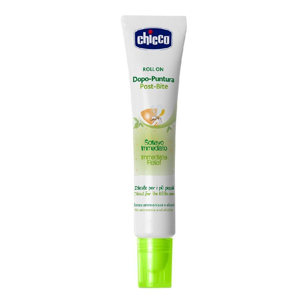 Tube Chicco Roll-on, bouchon vert. Inscription: Dopo-Puntura Post-Bite. Soulagement immédiat. Idéal pour les enfants.