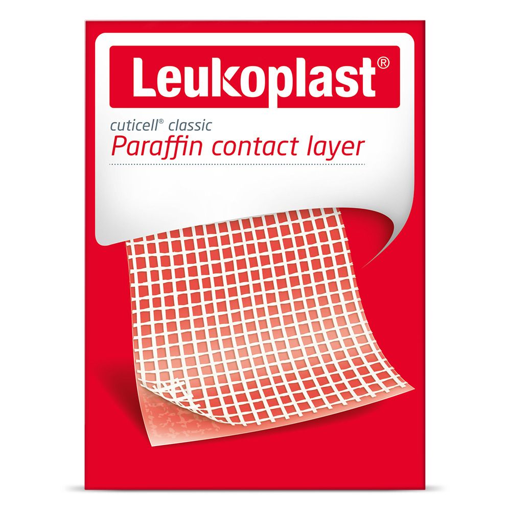 Confezione rossa con logo Leukoplast e nome del prodotto. Compressa a griglia visibile.