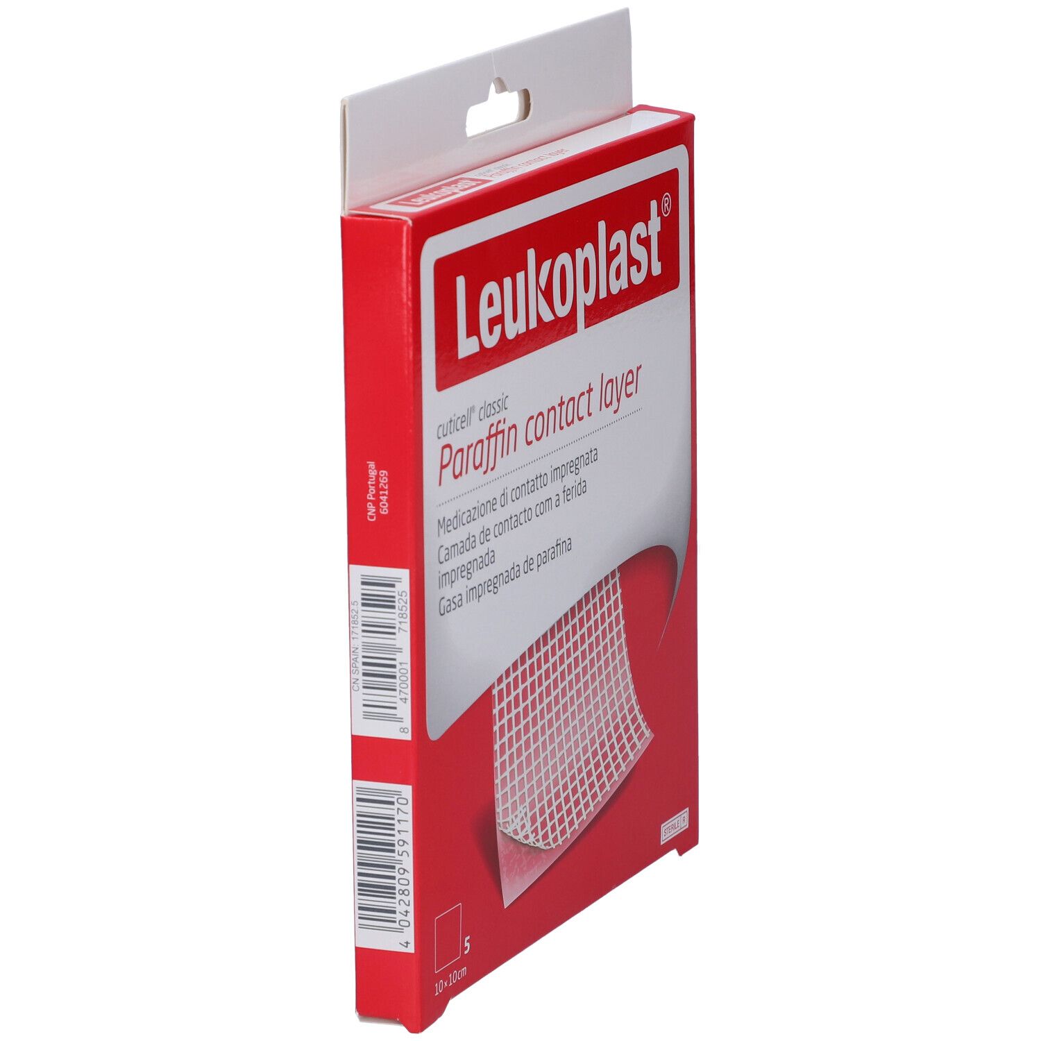 Confezione rossa con logo Leukoplast e nome del prodotto. Vista laterale, 5 pezzi.