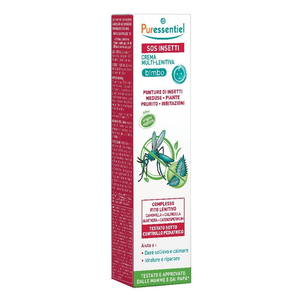 Confezione di Puressentiel® SOS Insetti Crema Multi-lenitiva bimbo. Illustrazione di insetto e foglie. Testo in italiano.