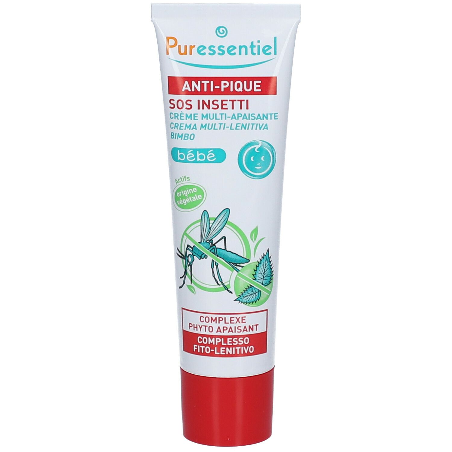 Tubo di Puressentiel® Anti-Pique SOS Insetti Crema Multi-lenitiva bébé. Bianco, tappo rosso. Illustrazione di insetto.