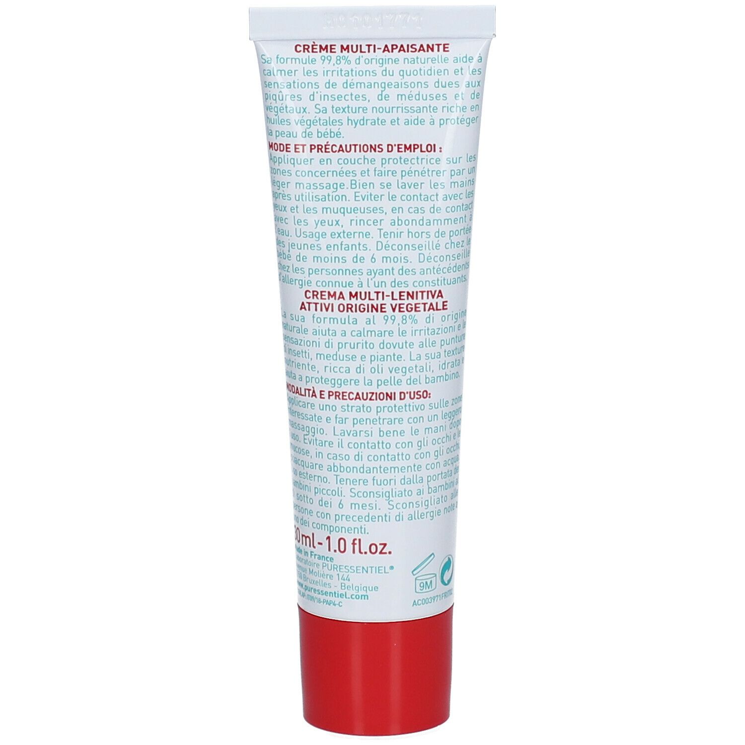 Retro del tubo di Puressentiel® SOS Insetti Crema Multi-lenitiva. Testo in italiano. Tappo rosso.
