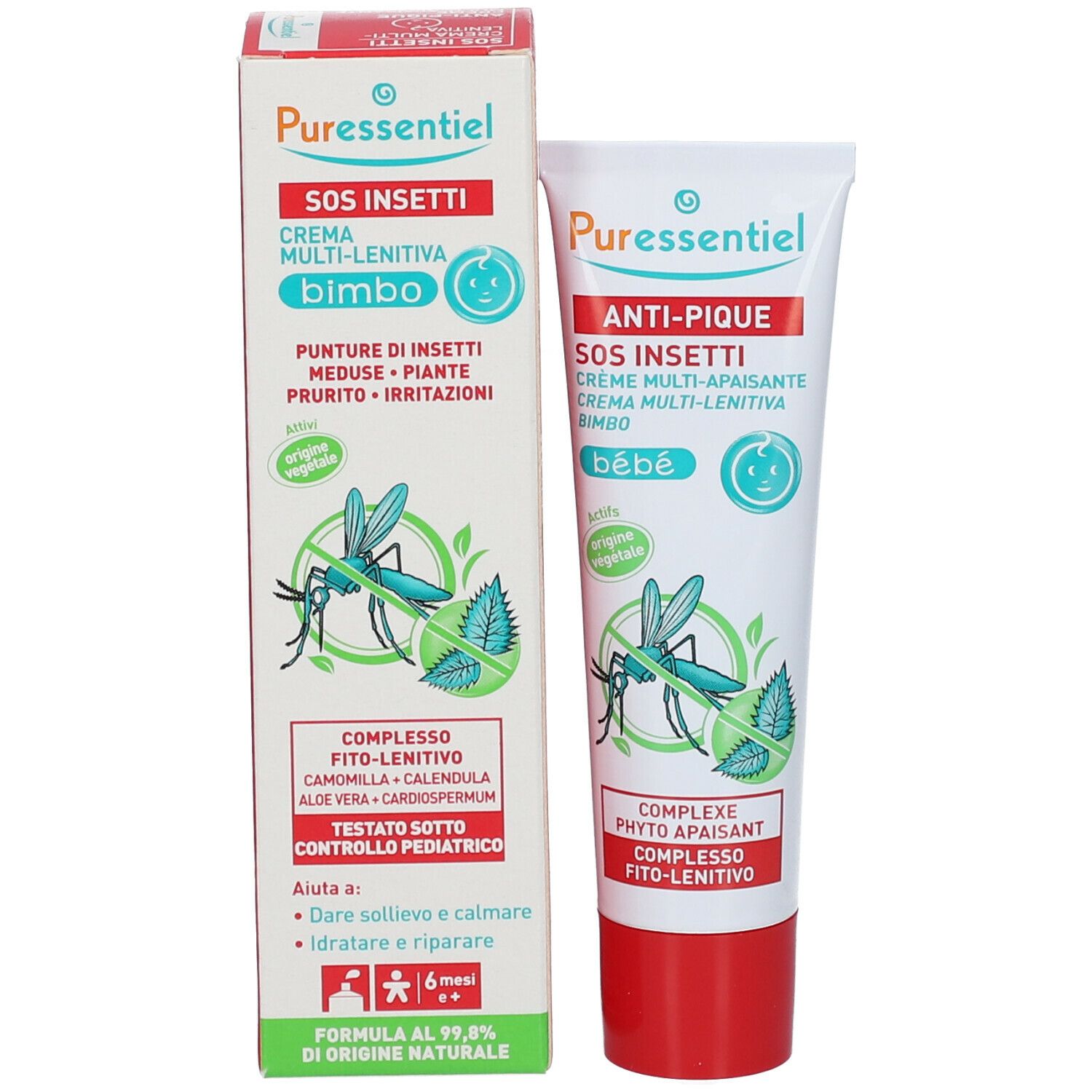 Puressentiel® SOS Insetti Crema Multi-lenitiva bimbo in confezione e tubo. Illustrazione di insetto. Testo in italiano.
