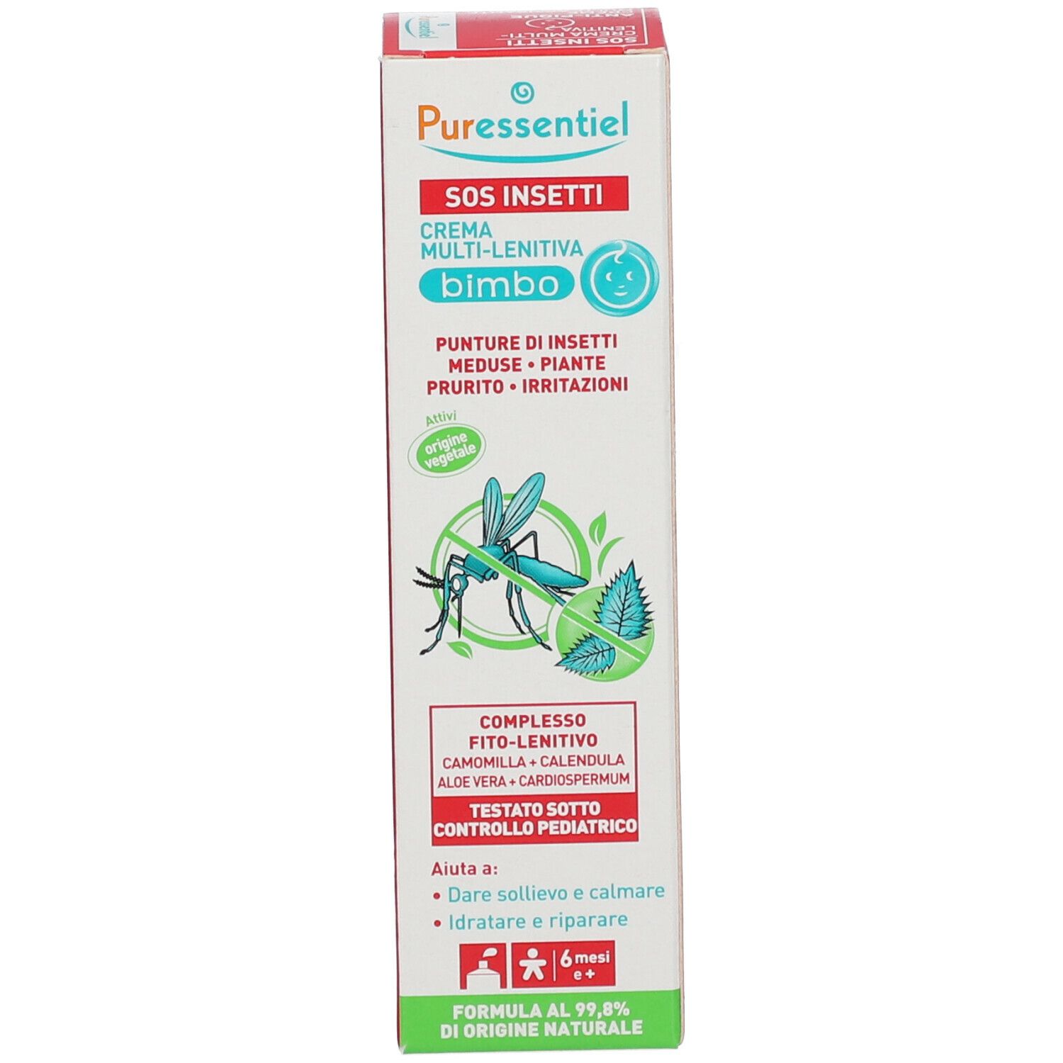 Confezione di Puressentiel® SOS Insetti Crema Multi-lenitiva bimbo. Illustrazione di insetto. Testo in italiano.