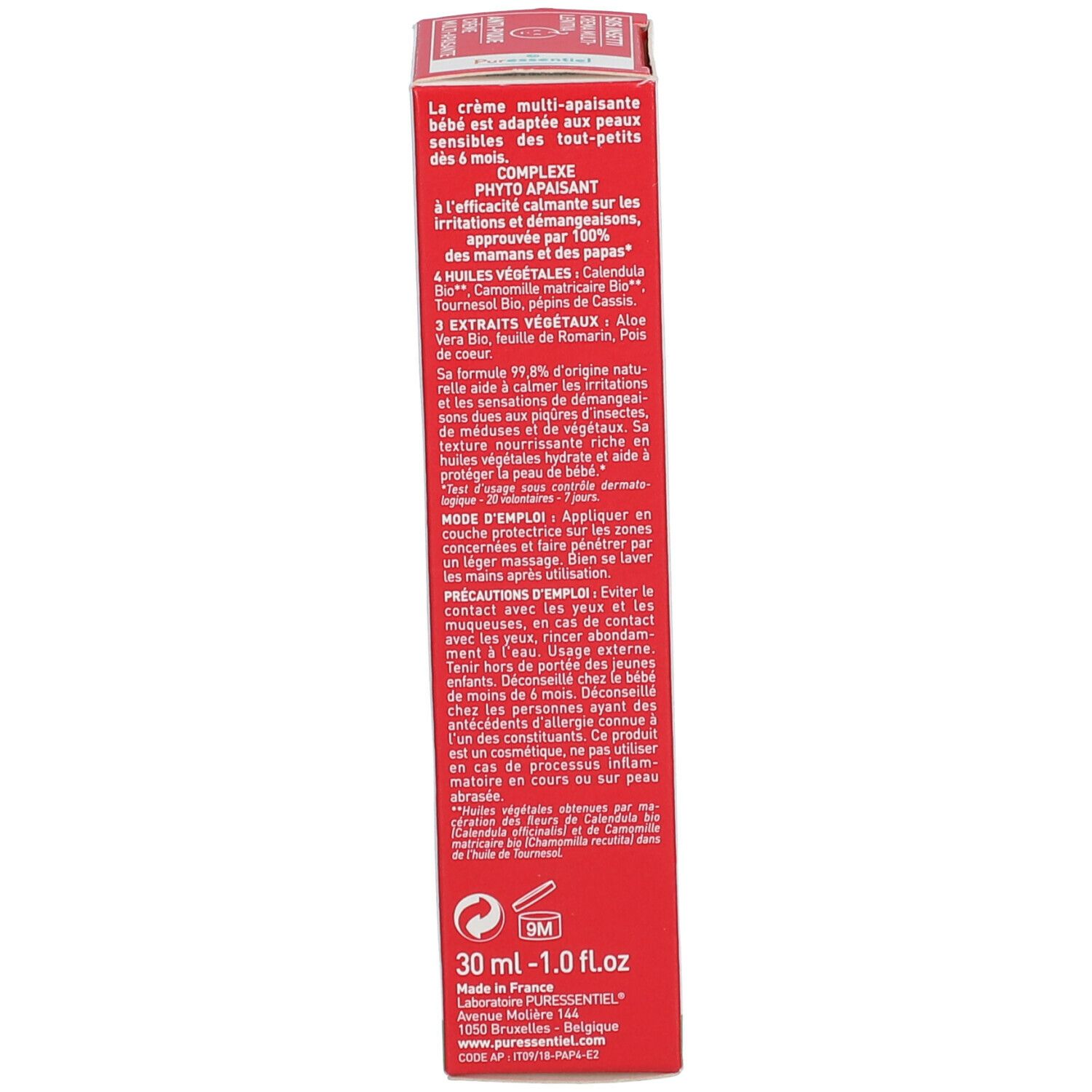 Lato della confezione di Puressentiel® SOS Insetti Crema Multi-lenitiva. Testo in italiano. Confezione rossa.