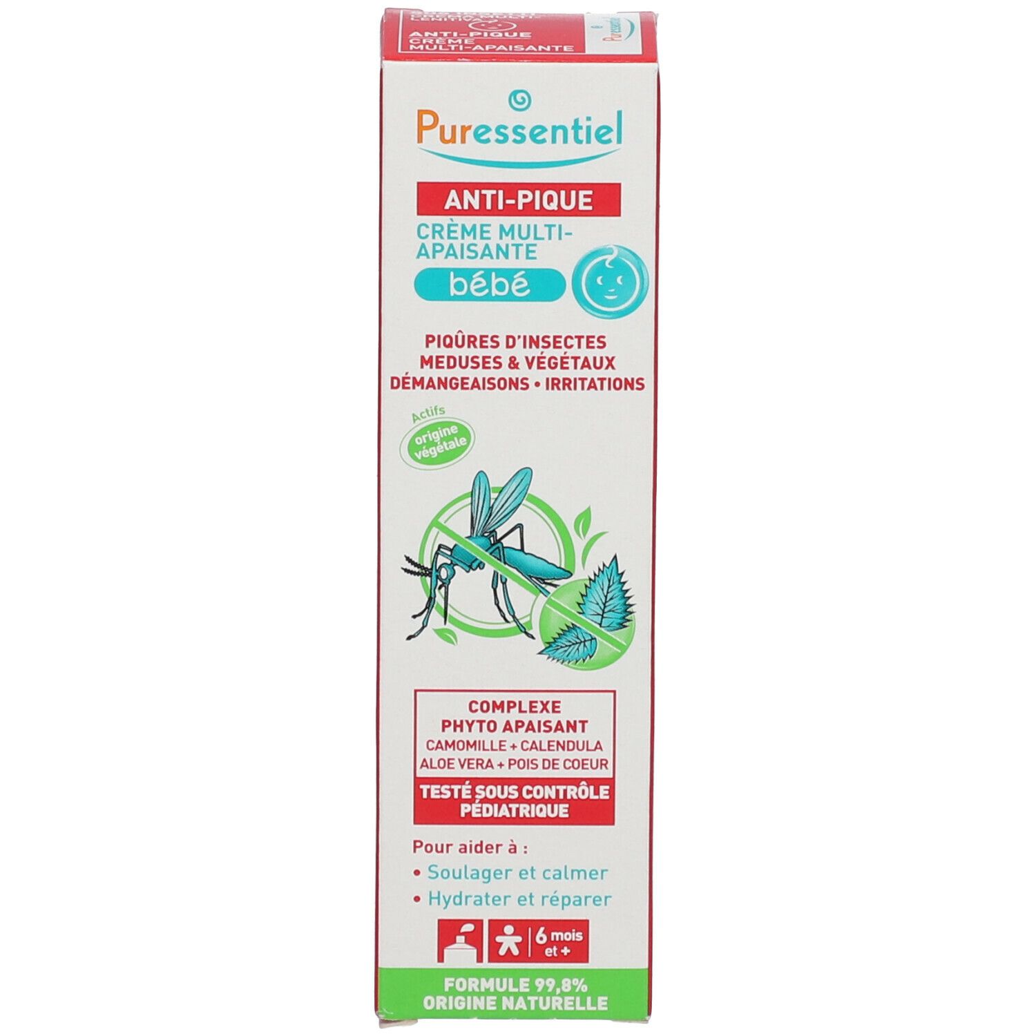 Confezione di Puressentiel® Anti-Pique SOS Insetti Crema Multi-lenitiva bébé. Illustrazione di insetto. Testo in italiano.