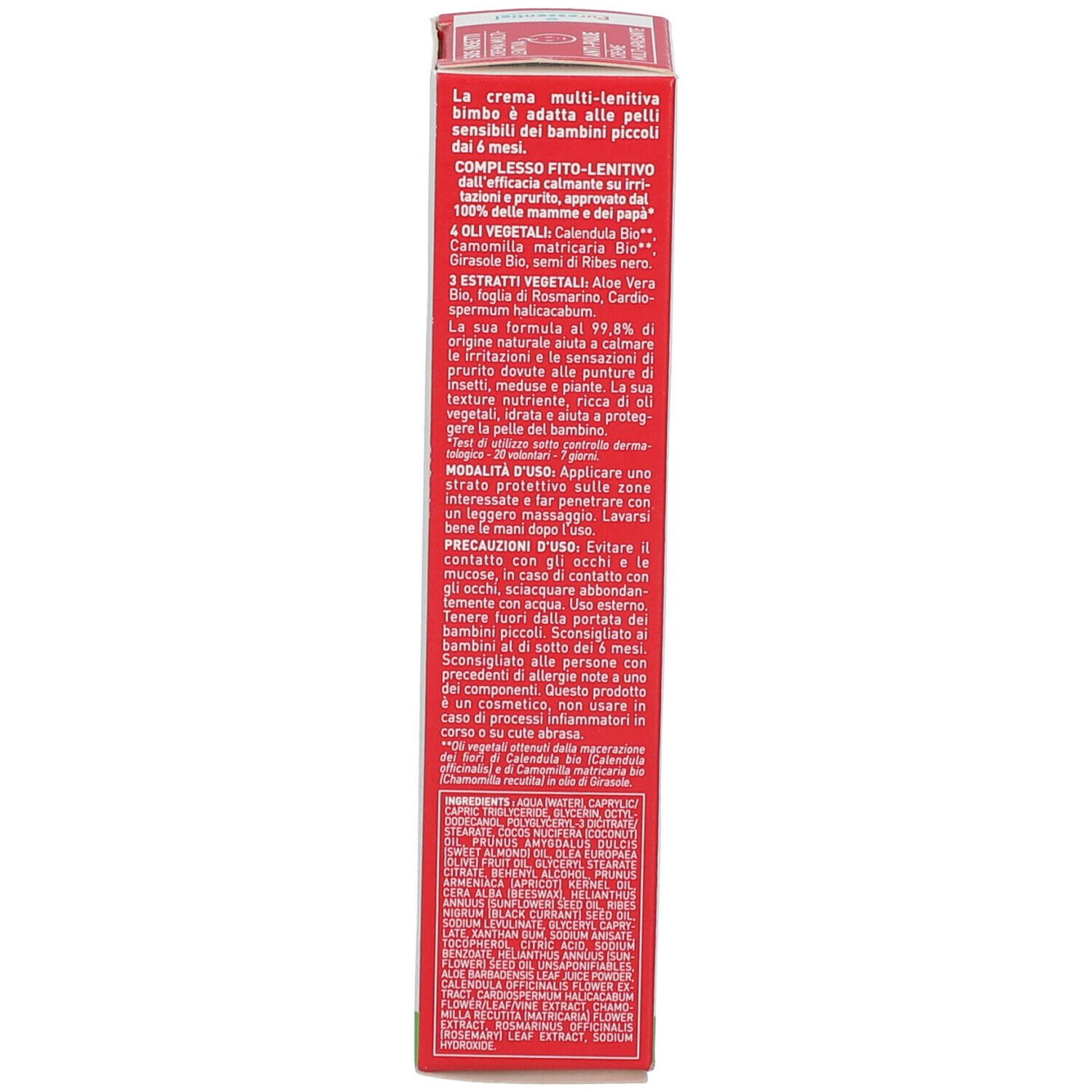 Lato della confezione di Puressentiel® Anti-Pique SOS Insetti Crema Multi-lenitiva. Testo in italiano. Confezione rossa.