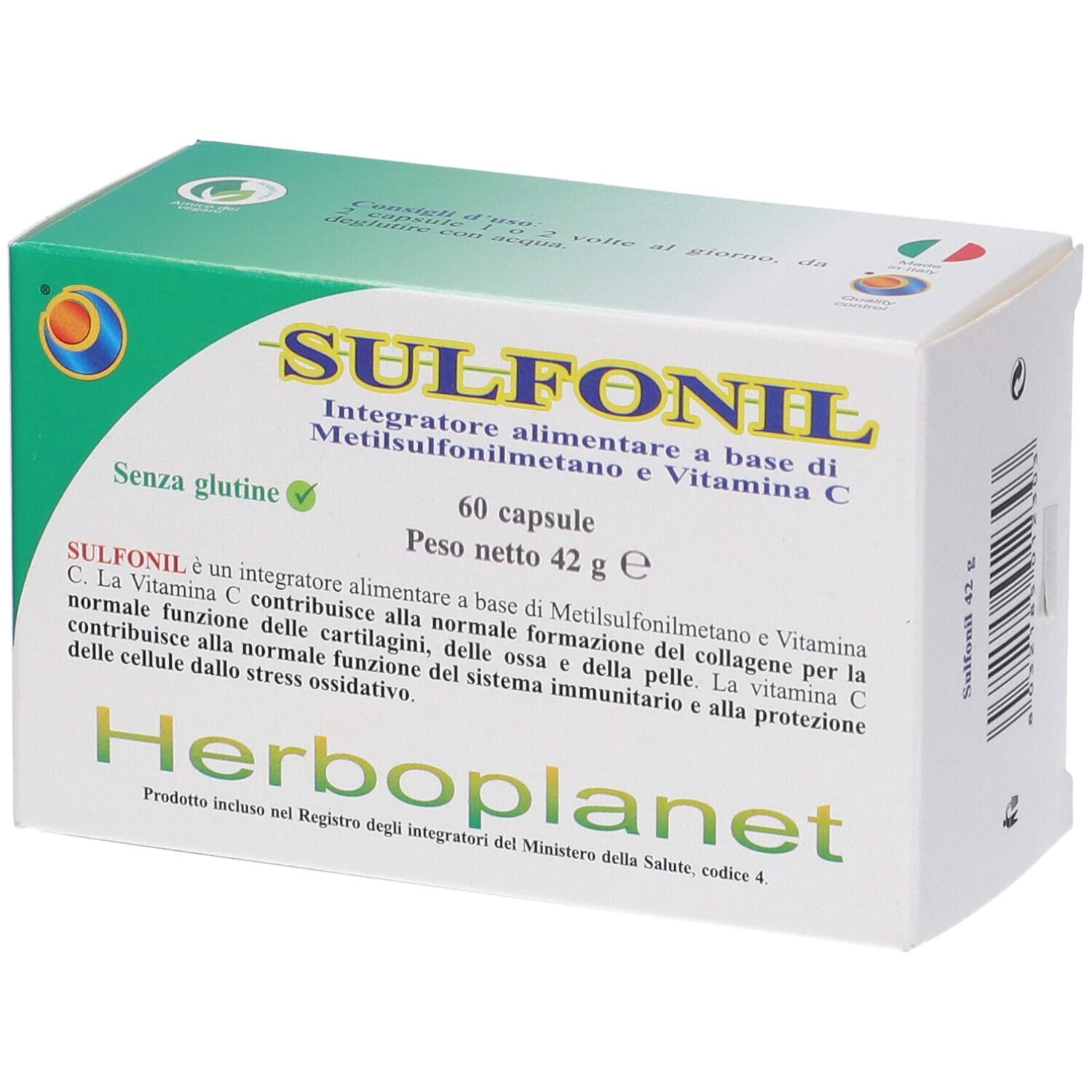 Sulfonil 60 Kapseln Verpackung mit Informationen zu Inhaltsstoffen und Herstellern.