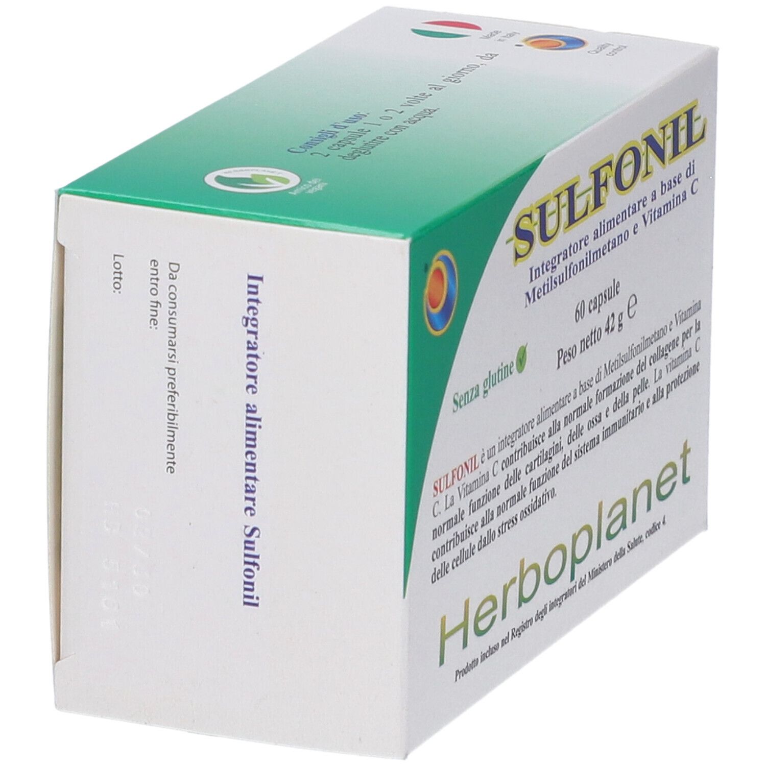 Sulfonil 60 Kapseln Verpackung, Seitenansicht mit Produktinformationen.