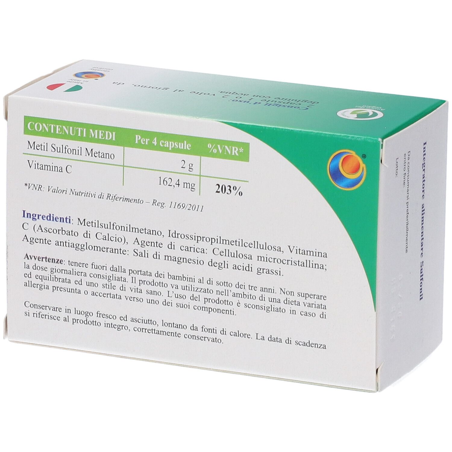 Sulfonil 60 Kapseln Verpackung, Rückseite mit Nährwertangaben und Inhaltsstoffen.