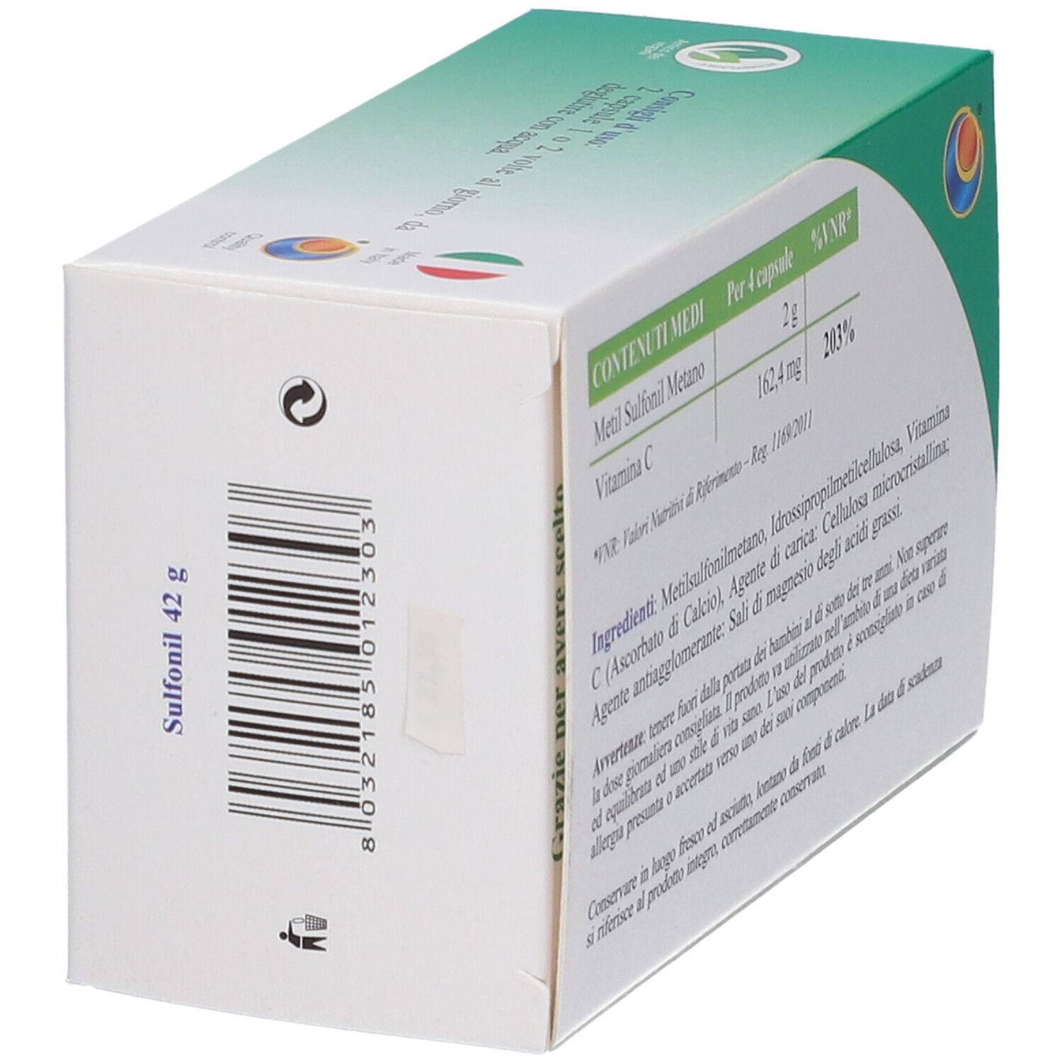Sulfonil 60 Kapseln Verpackung, Seitenansicht mit Barcode und Produktgewicht.