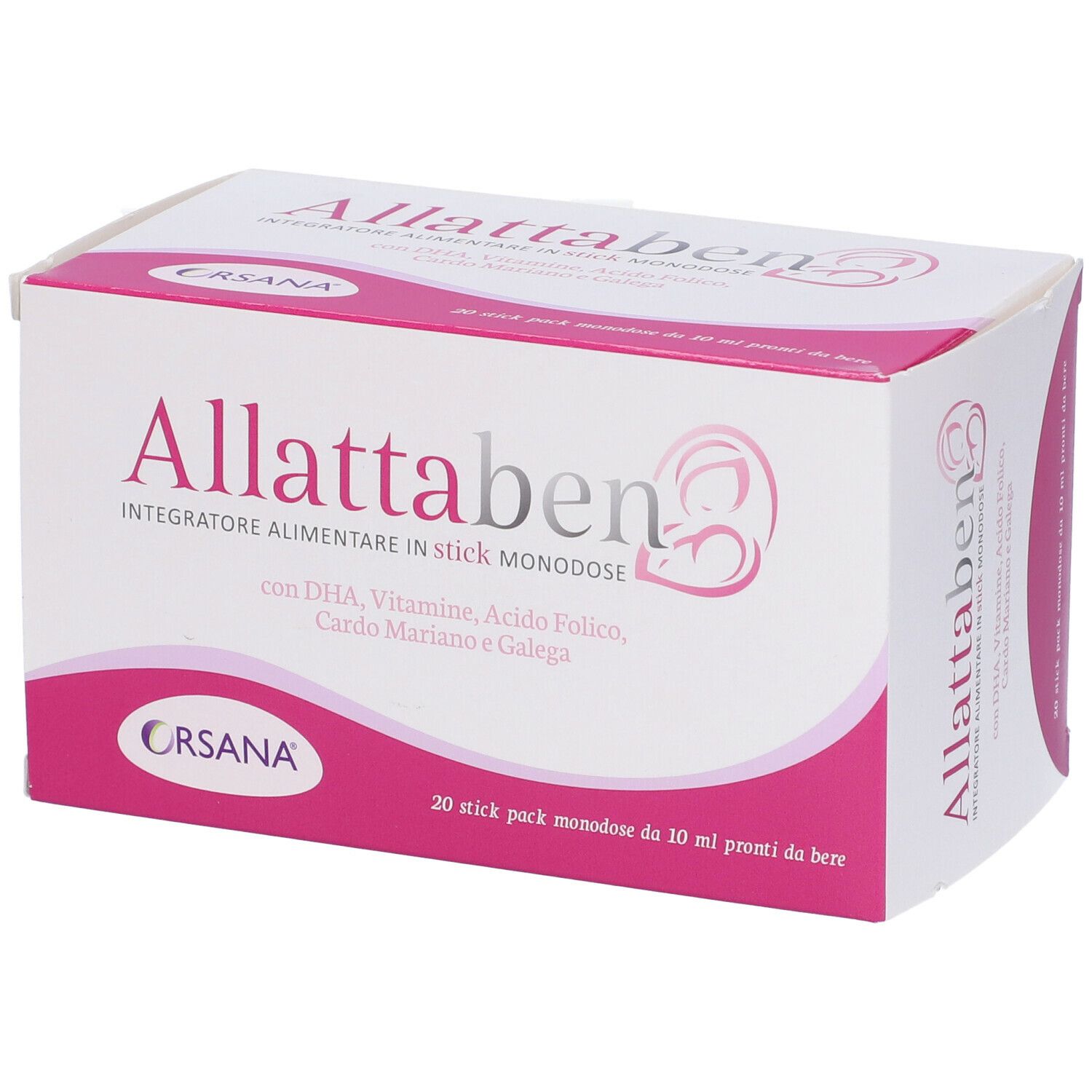 Confezione Orsana Allattaben. Scatola bianca e rosa. Nome e ingredienti visibili. Contiene 20 stick.