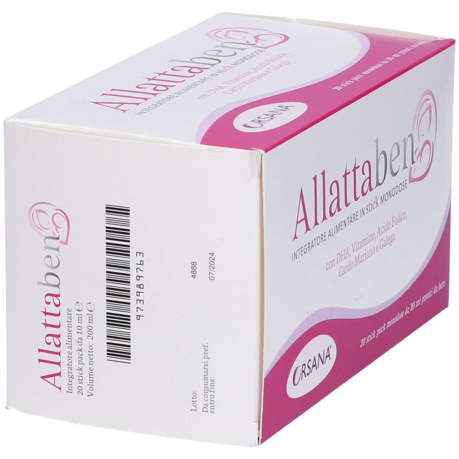 Confezione Orsana Allattaben. Scatola bianca e rosa. Nome e ingredienti visibili. Codice a barre e data di scadenza.