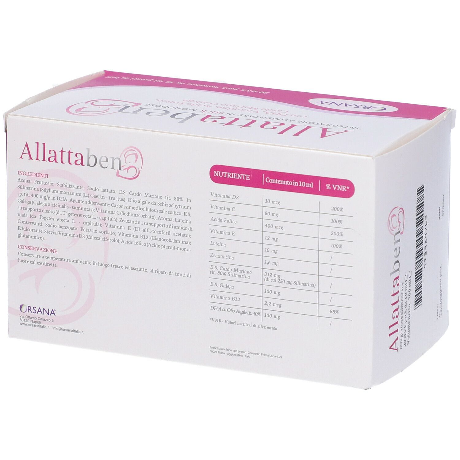 Confezione Orsana Allattaben. Scatola bianca e rosa. Ingredienti e valori nutrizionali stampati. Vista dettagliata.