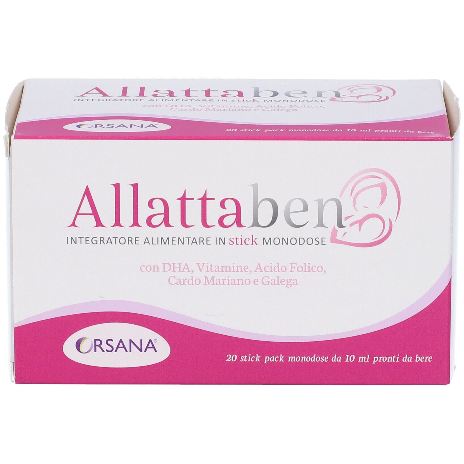Confezione Orsana Allattaben. Scatola bianca e rosa. Nome e ingredienti visibili. Primo piano.