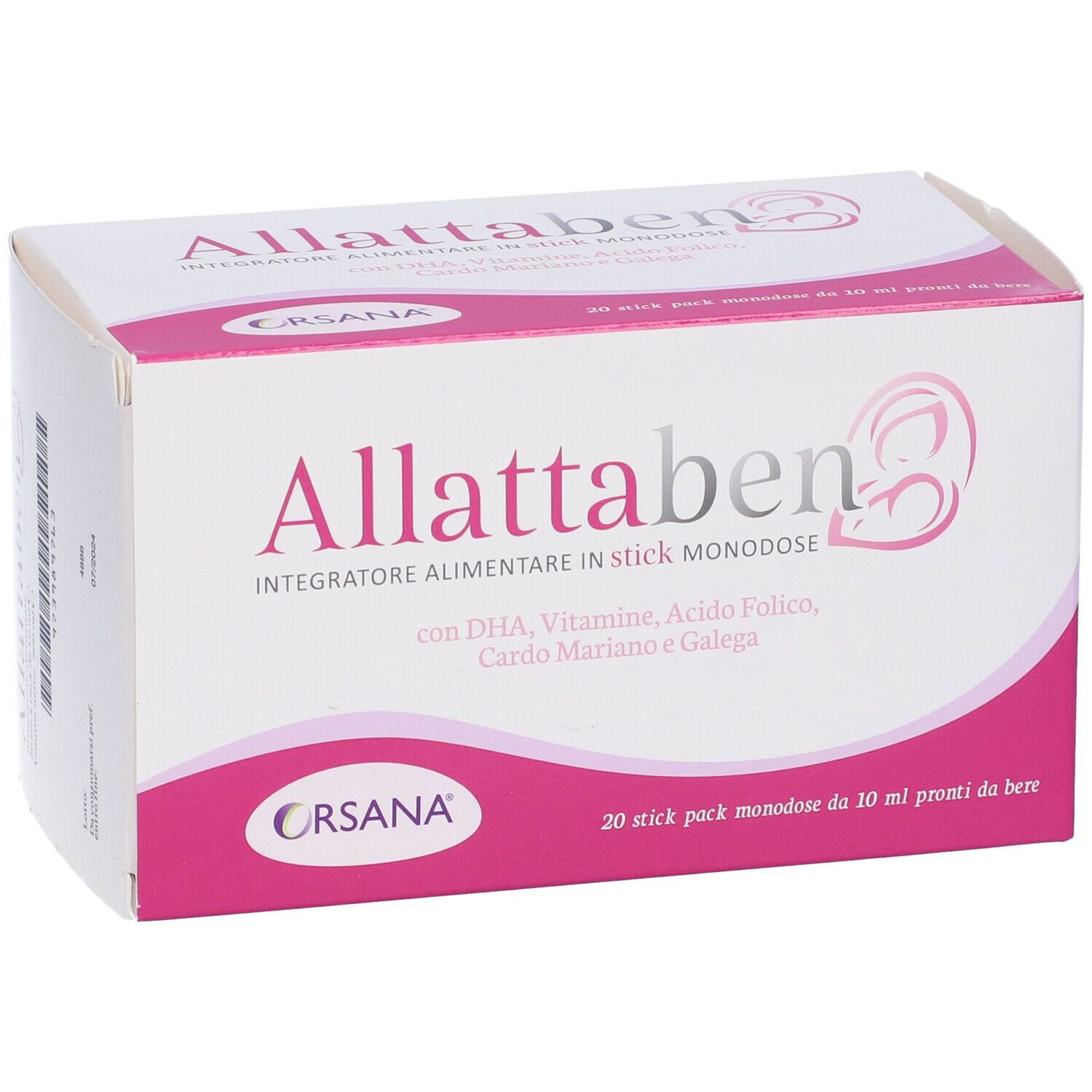 Confezione Orsana Allattaben. Scatola bianca e rosa. Nome e ingredienti visibili. Vista prospettica.
