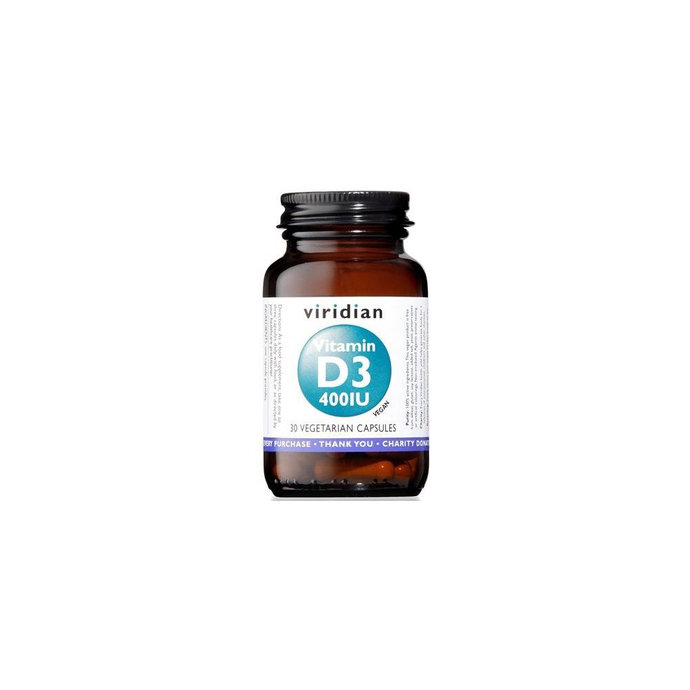 Flacone di vetro marrone con tappo nero. Etichetta "Viridian Vitamin D3 400IU". 30 capsule.