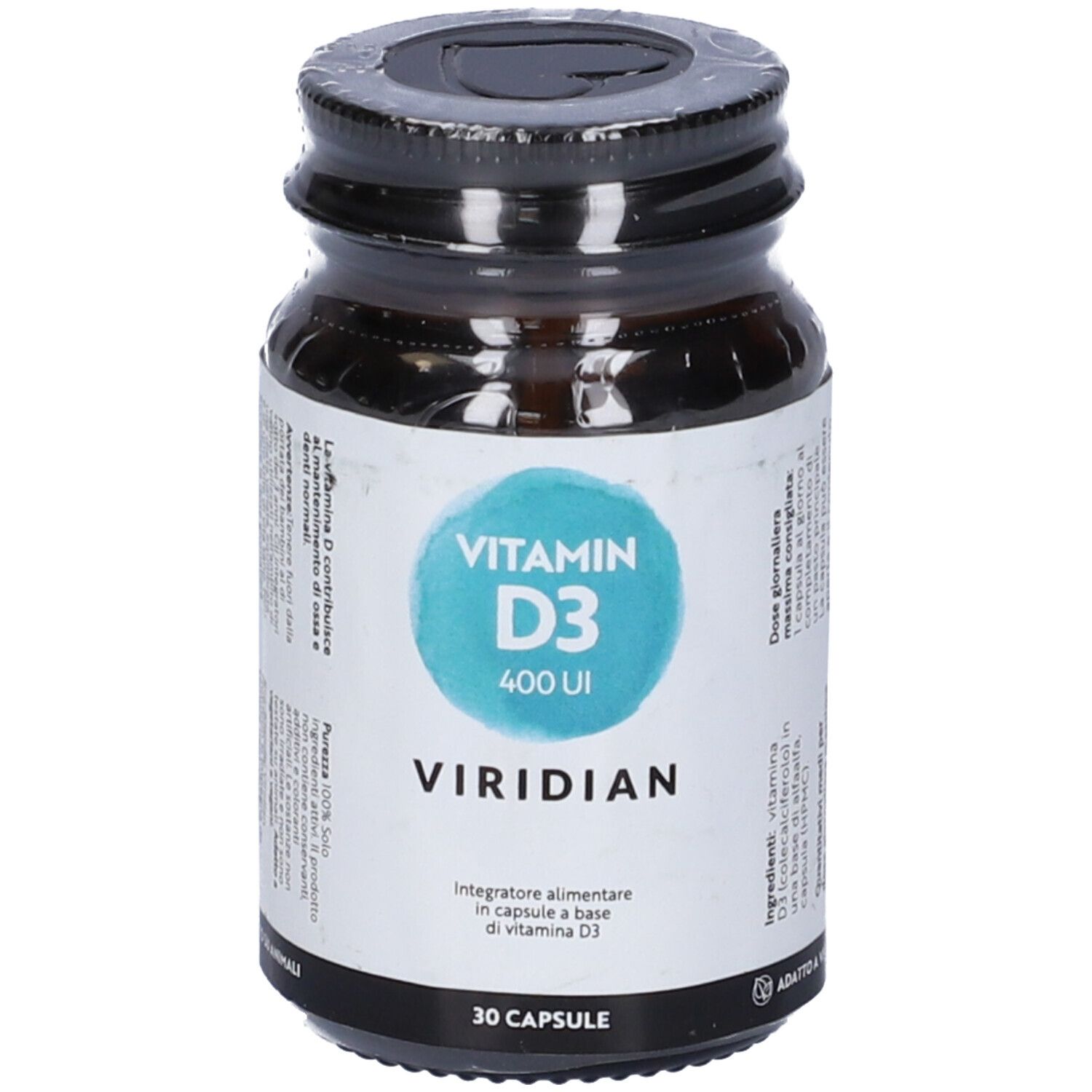 Flacone di vetro marrone con tappo nero. Etichetta "Vitamin D3 400 UI" e "Viridian". 30 capsule.