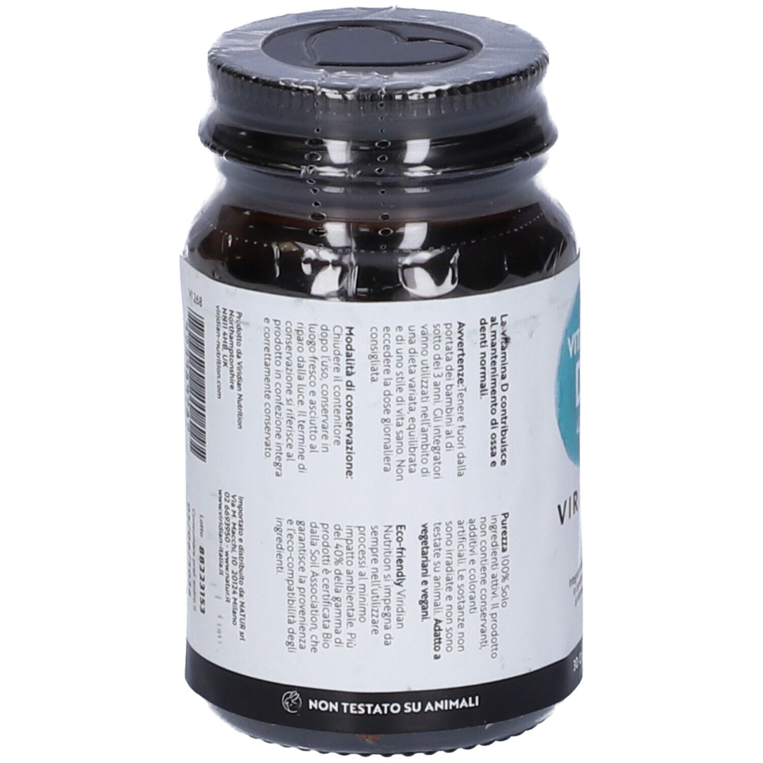 Flacone di vetro marrone con tappo nero. Etichetta con testo, "Vitamin D3 400 UI" e "Viridian".