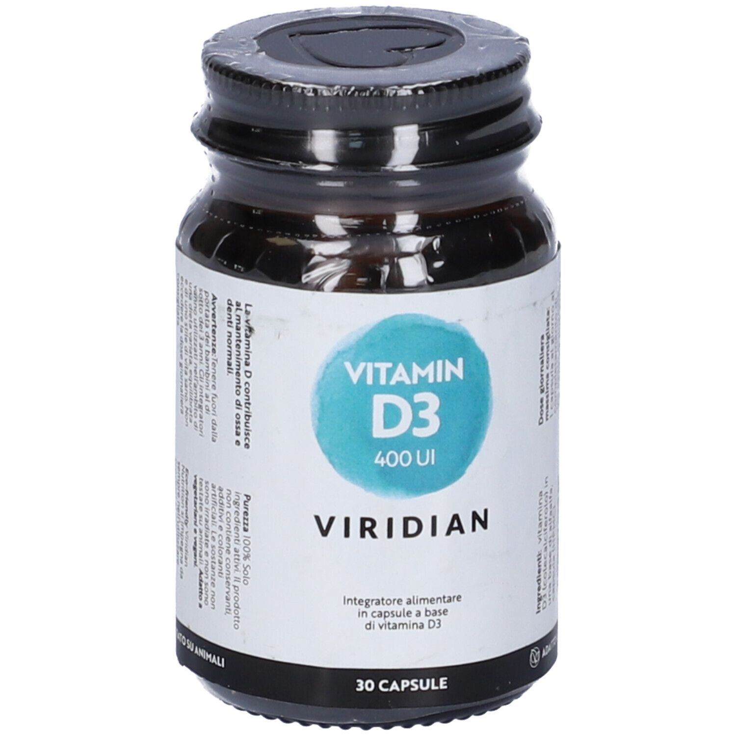 Flacone di vetro marrone con tappo nero. Etichetta "Vitamin D3 400 UI" e "Viridian". 30 capsule.