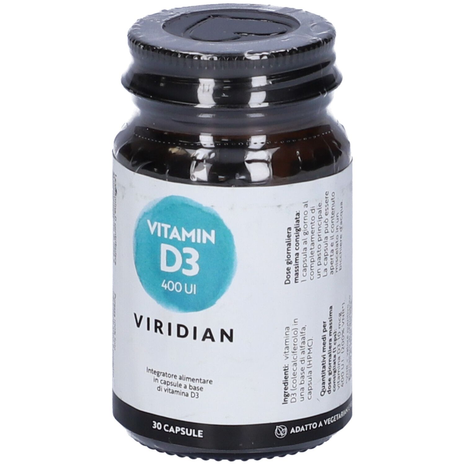Flacone di vetro marrone con tappo nero. Etichetta "Vitamin D3 400 UI" e "Viridian". 30 capsule.