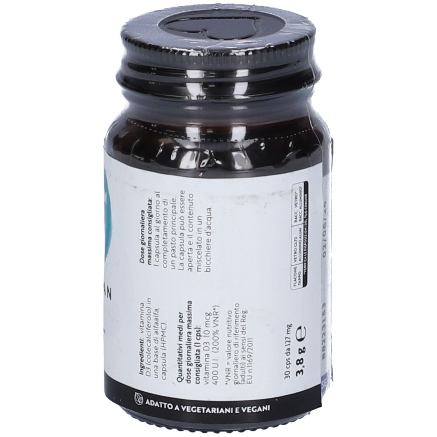 Flacone di vetro marrone con tappo nero. Etichetta "Vitamin D3 400 UI" e "Viridian". 30 capsule.