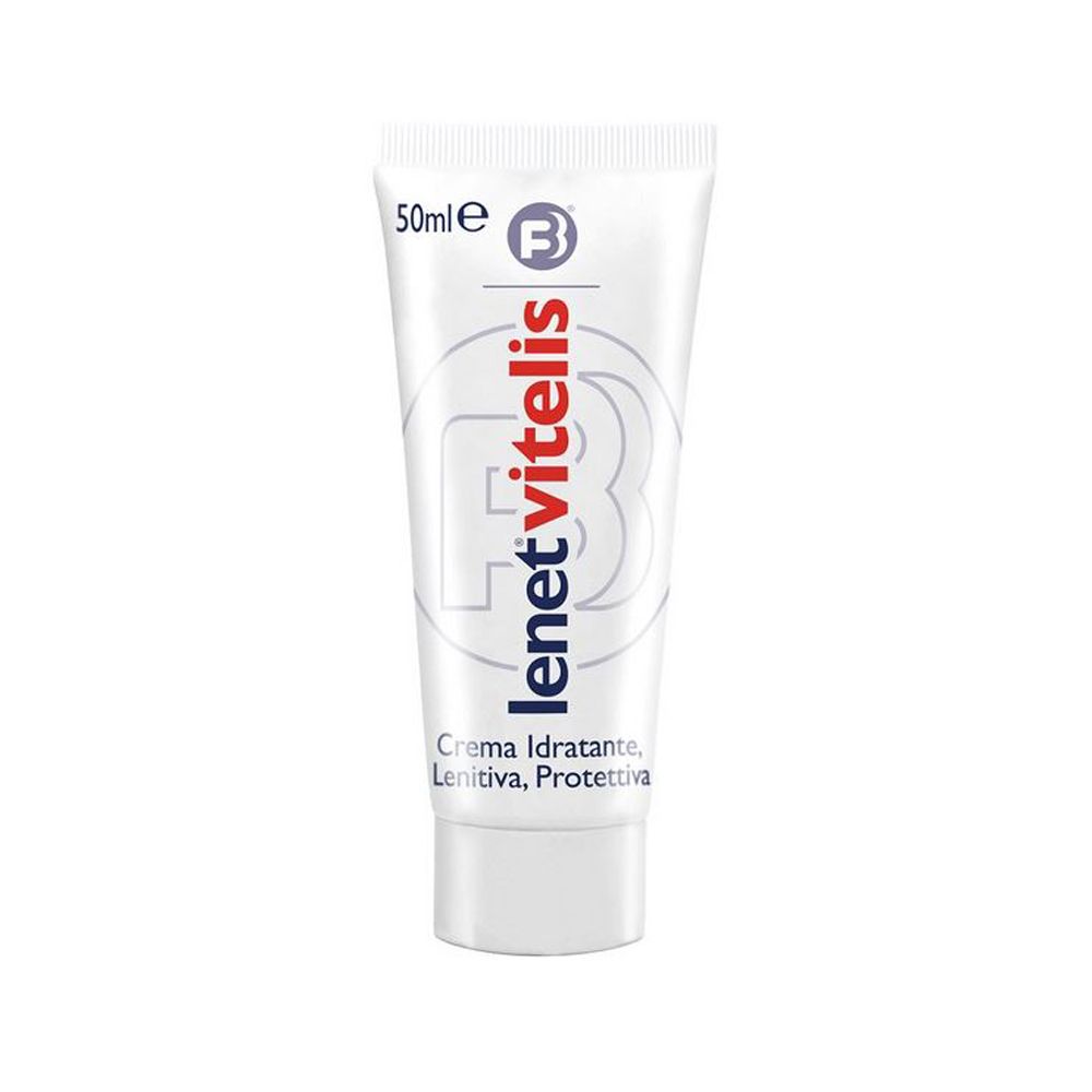Tubo bianco con scritte rosse e blu. Scritta: lenet vitelis. In alto: 50ml. Nome prodotto: Crema Idratante, Lenitiva, Protettiva.