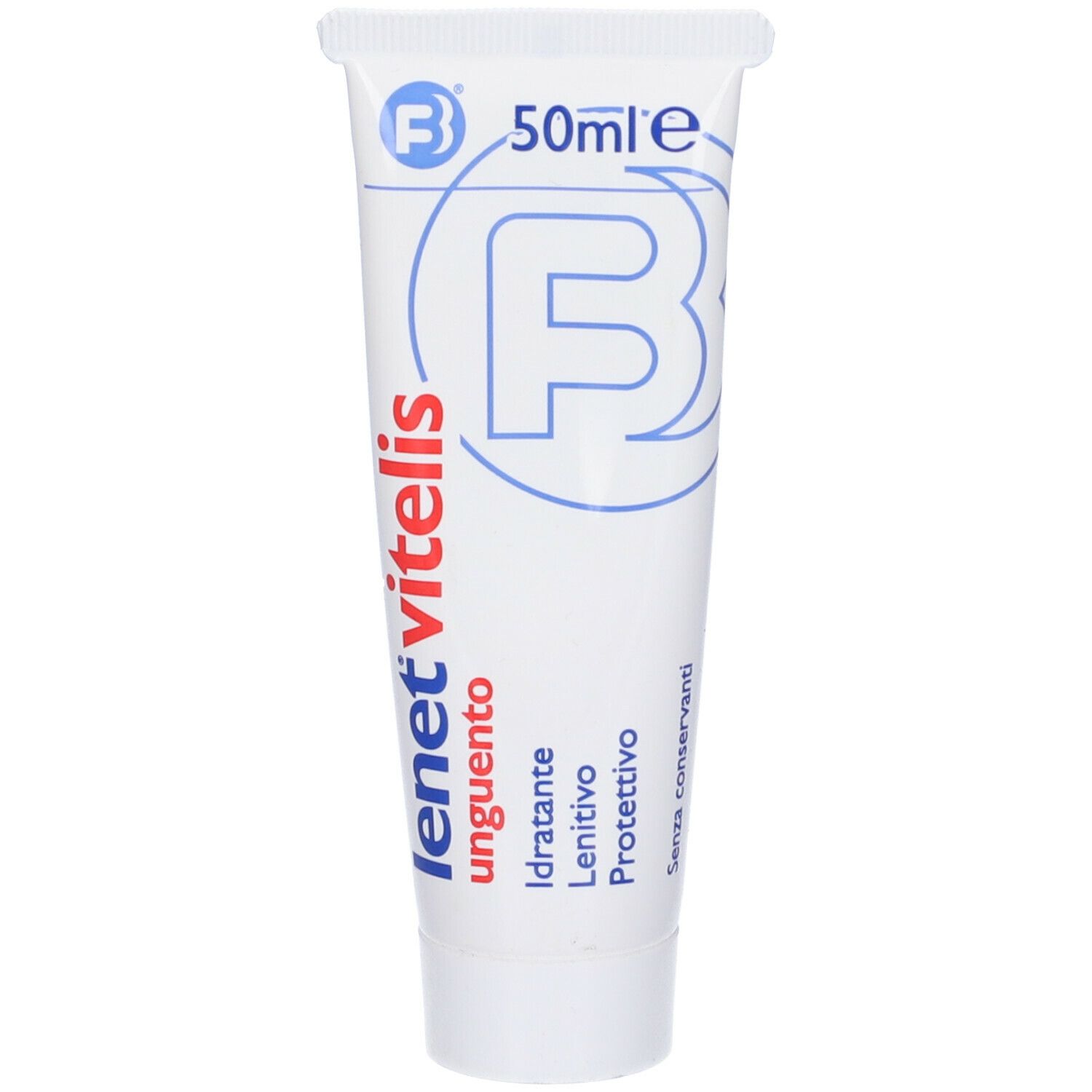 Tubo bianco con scritte blu e rosse. Scritta: lenet vitelis. In alto: 50ml. Nome prodotto: Unguento. Ulteriori righe di testo.