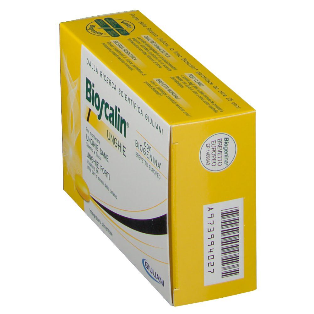 Scatola gialla Bioscalin® con logo e diciture. Testo in italiano. Logo brevetto europeo.