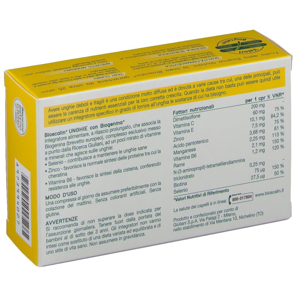 Retro della scatola gialla Bioscalin®. Testo in italiano. Tabella nutrizionale e ingredienti.