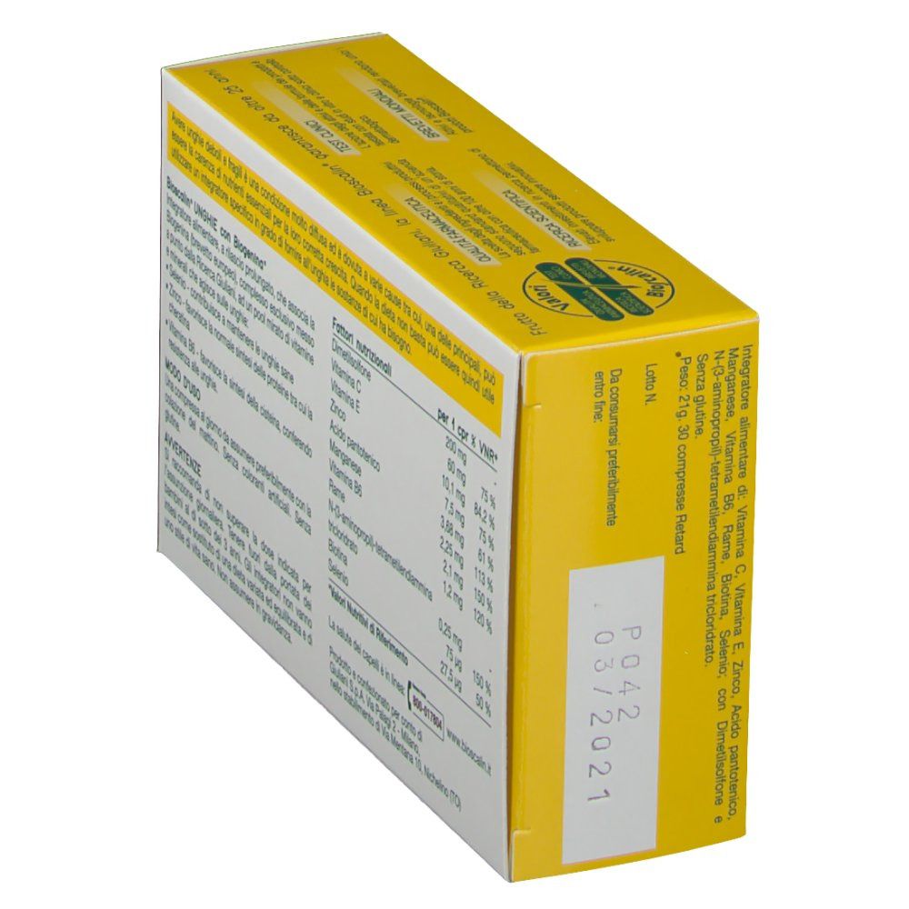 Scatola gialla Bioscalin® vista obliqua. Testo in italiano. Tabella nutrizionale e ingredienti.