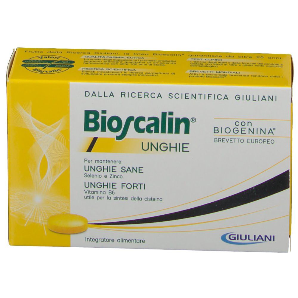 Scatola gialla Bioscalin® con logo e nome del prodotto. Testo in italiano. Immagine del prodotto.