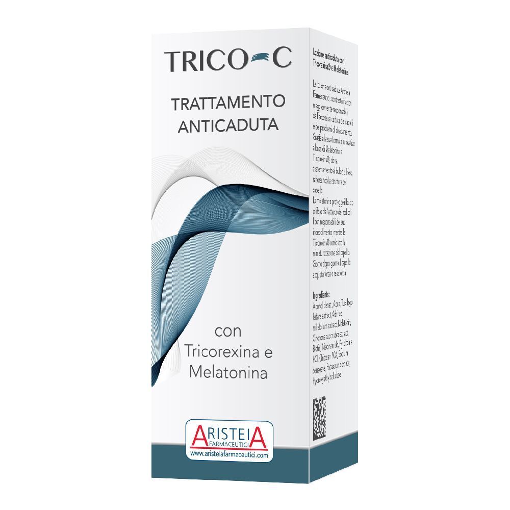 Scatola con scritta TRICO-C, TRATTAMENTO ANTICADUTA. Con Tricorexina e Melatonina. Marchio Aristeia.