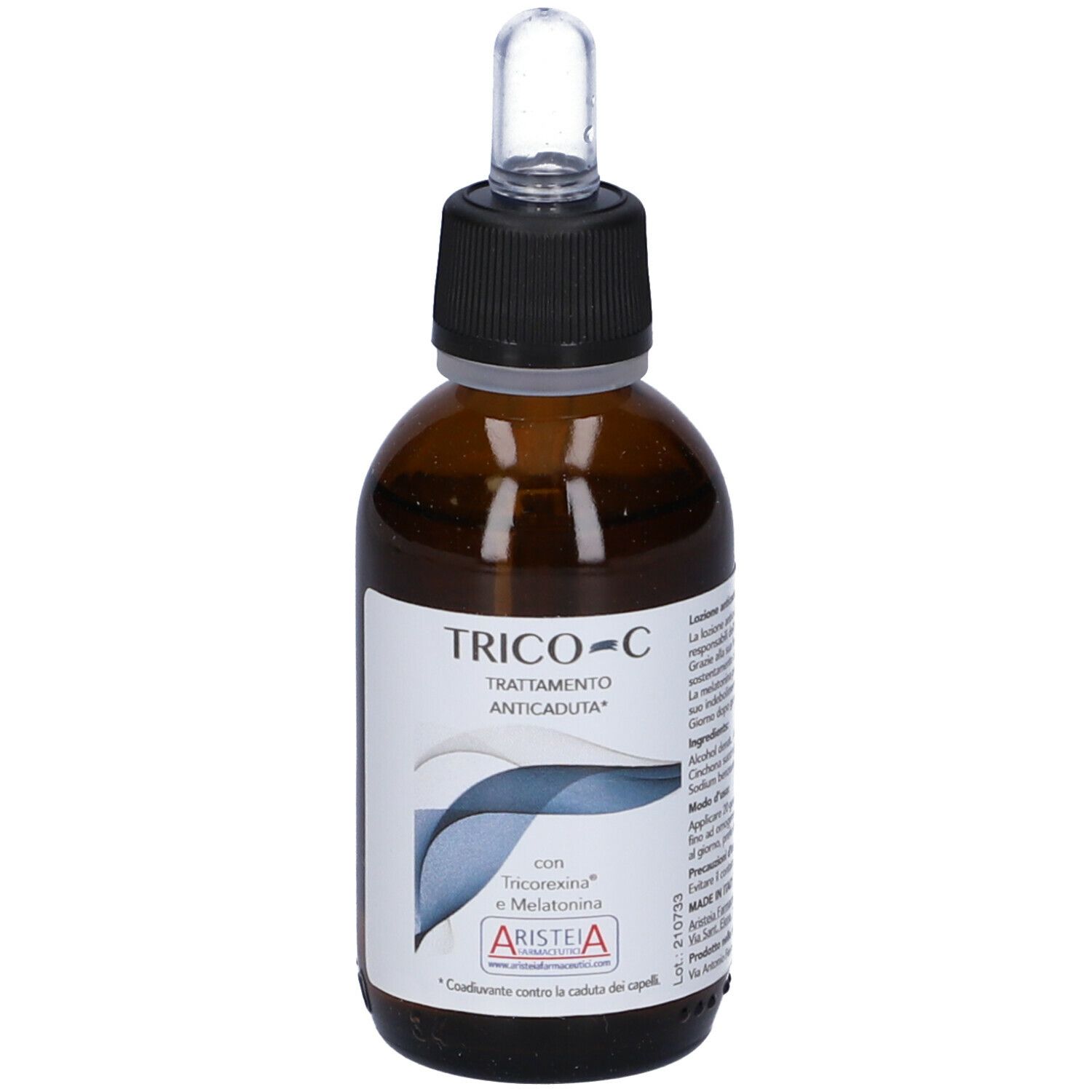 Flacone di vetro marrone con tappo nero e pipetta. Scritta: TRICO-C, TRATTAMENTO ANTICADUTA. Con Tricorexina e Melatonina.