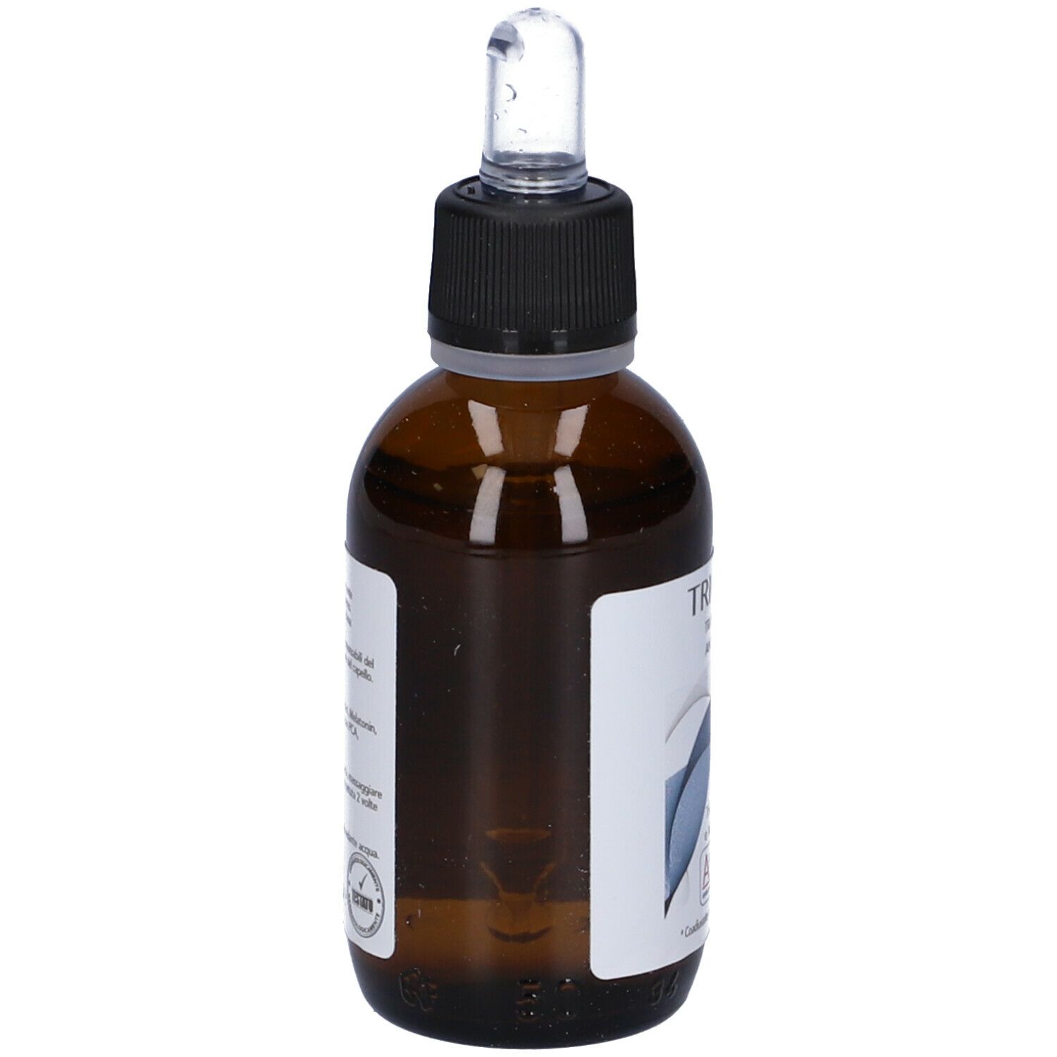 Flacone di vetro marrone con tappo nero e pipetta. Scritta: TRICO-C, TRATTAMENTO ANTICADUTA. Con Tricorexina e Melatonina.