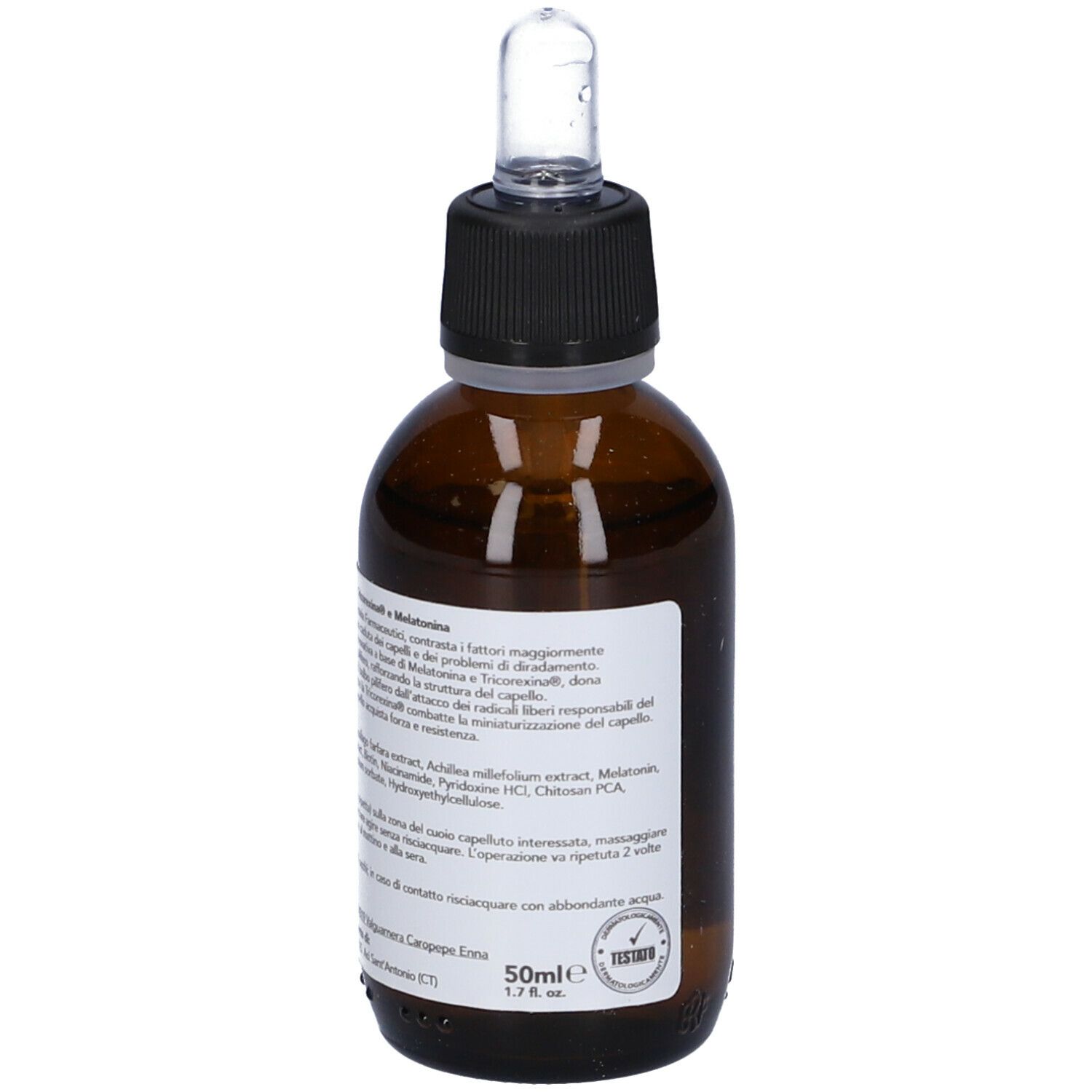 Flacone di vetro marrone con tappo nero e pipetta. Scritta: TRICO-C, TRATTAMENTO ANTICADUTA. Con Tricorexina e Melatonina. 50ml.