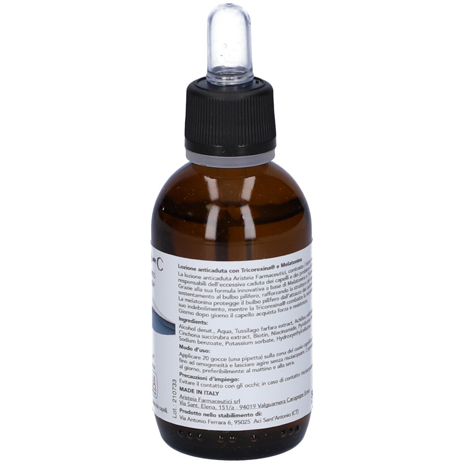 Flacone di vetro marrone con tappo nero e pipetta. Scritta: TRICO-C, TRATTAMENTO ANTICADUTA. Con Tricorexina e Melatonina. Made in Italy.