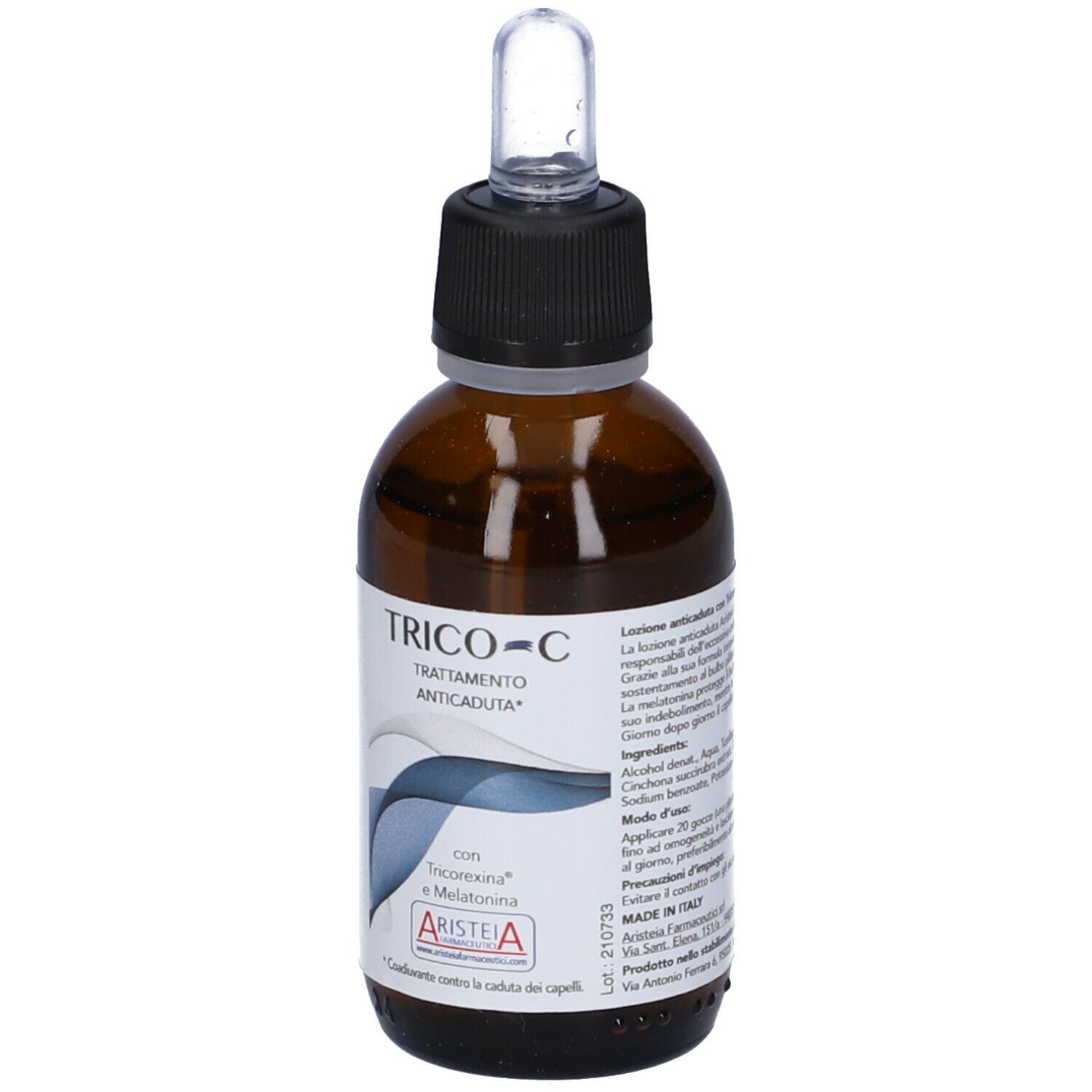 Flacone di vetro marrone con tappo nero e pipetta. Scritta: TRICO-C, TRATTAMENTO ANTICADUTA. Con Tricorexina e Melatonina.