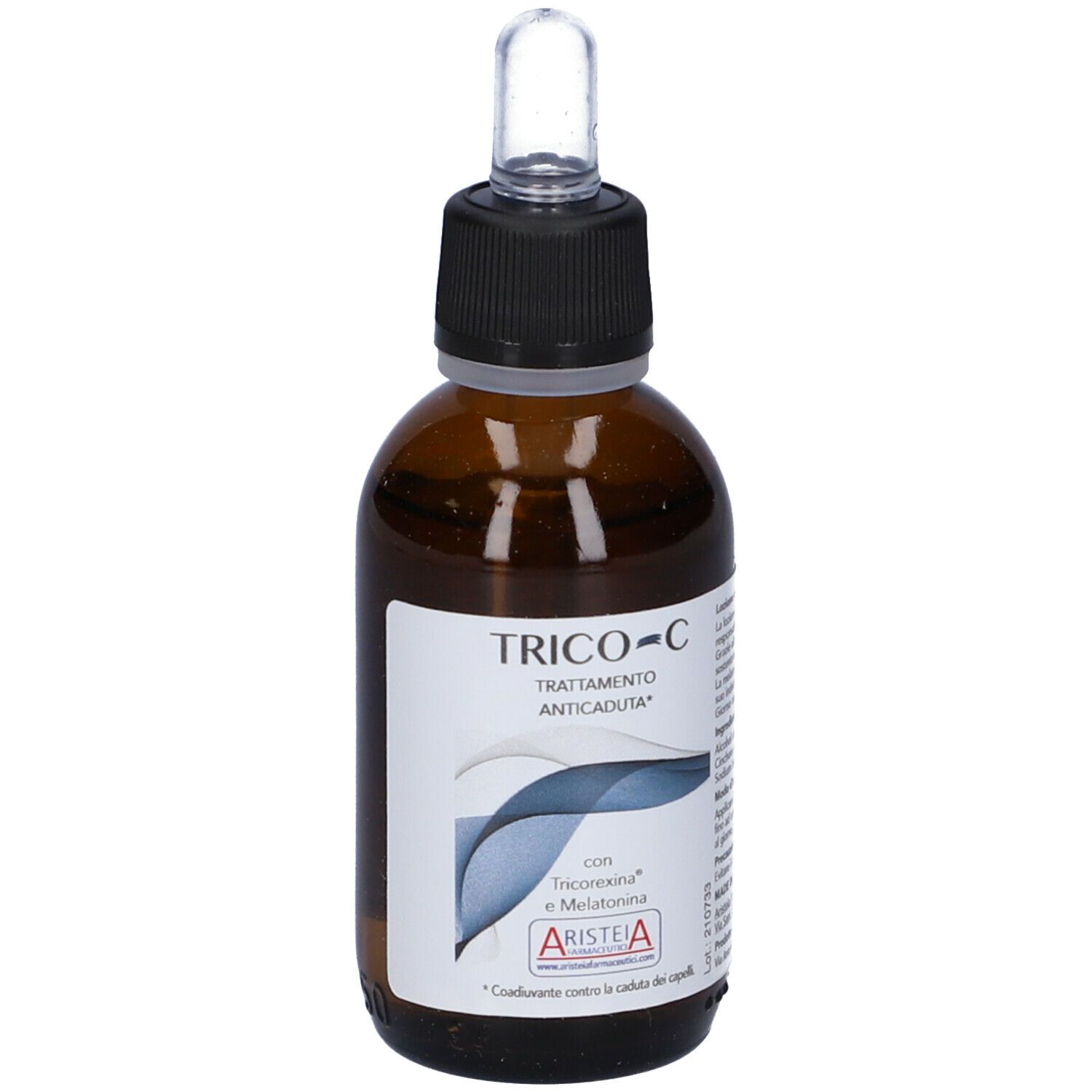 Flacone di vetro marrone con tappo nero e pipetta. Scritta: TRICO-C, TRATTAMENTO ANTICADUTA. Con Tricorexina e Melatonina.