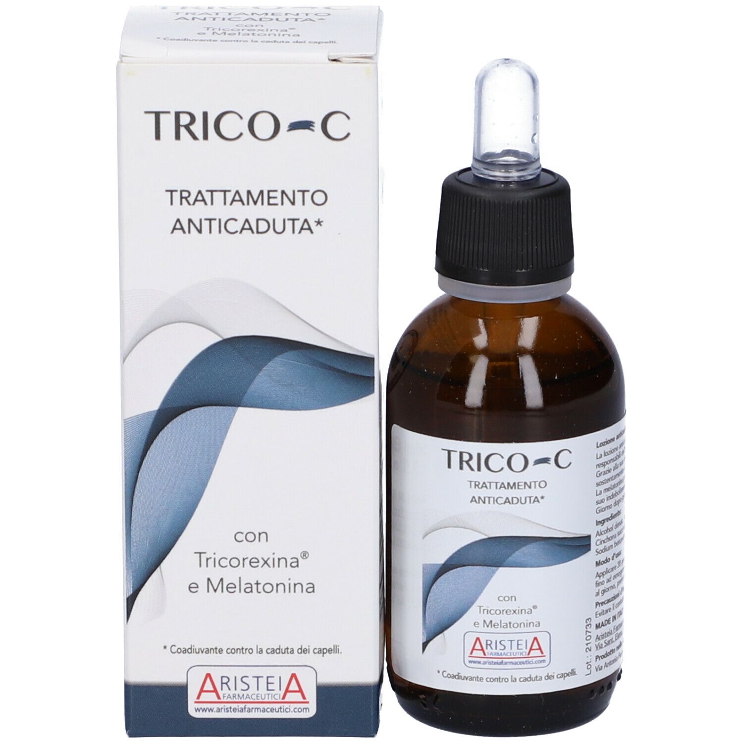 Flacone e confezione del prodotto. Scritta: TRICO-C, TRATTAMENTO ANTICADUTA. Con Tricorexina e Melatonina. Marchio Aristeia.