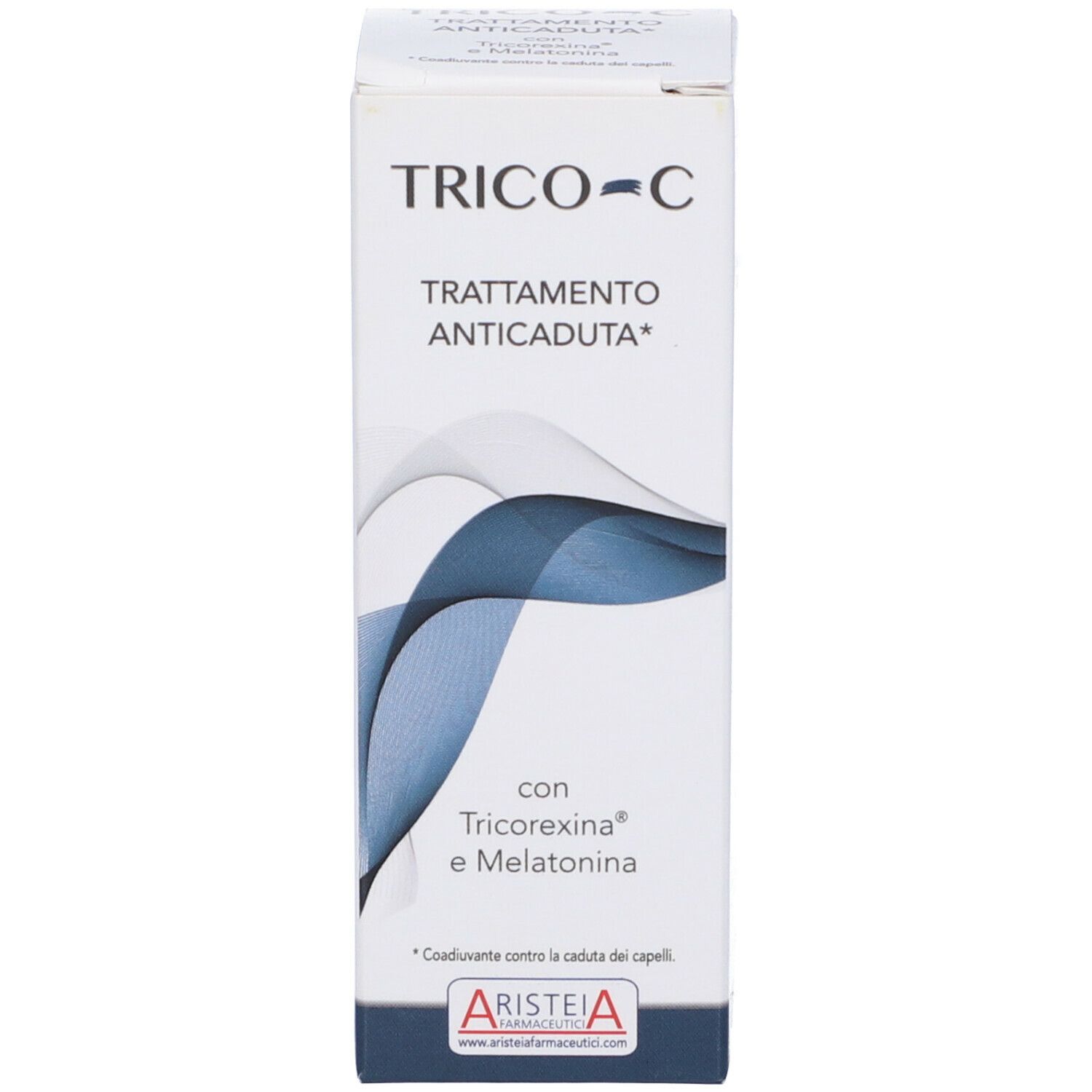Confezione del prodotto. Scritta: TRICO-C, TRATTAMENTO ANTICADUTA. Con Tricorexina e Melatonina. Marchio Aristeia.