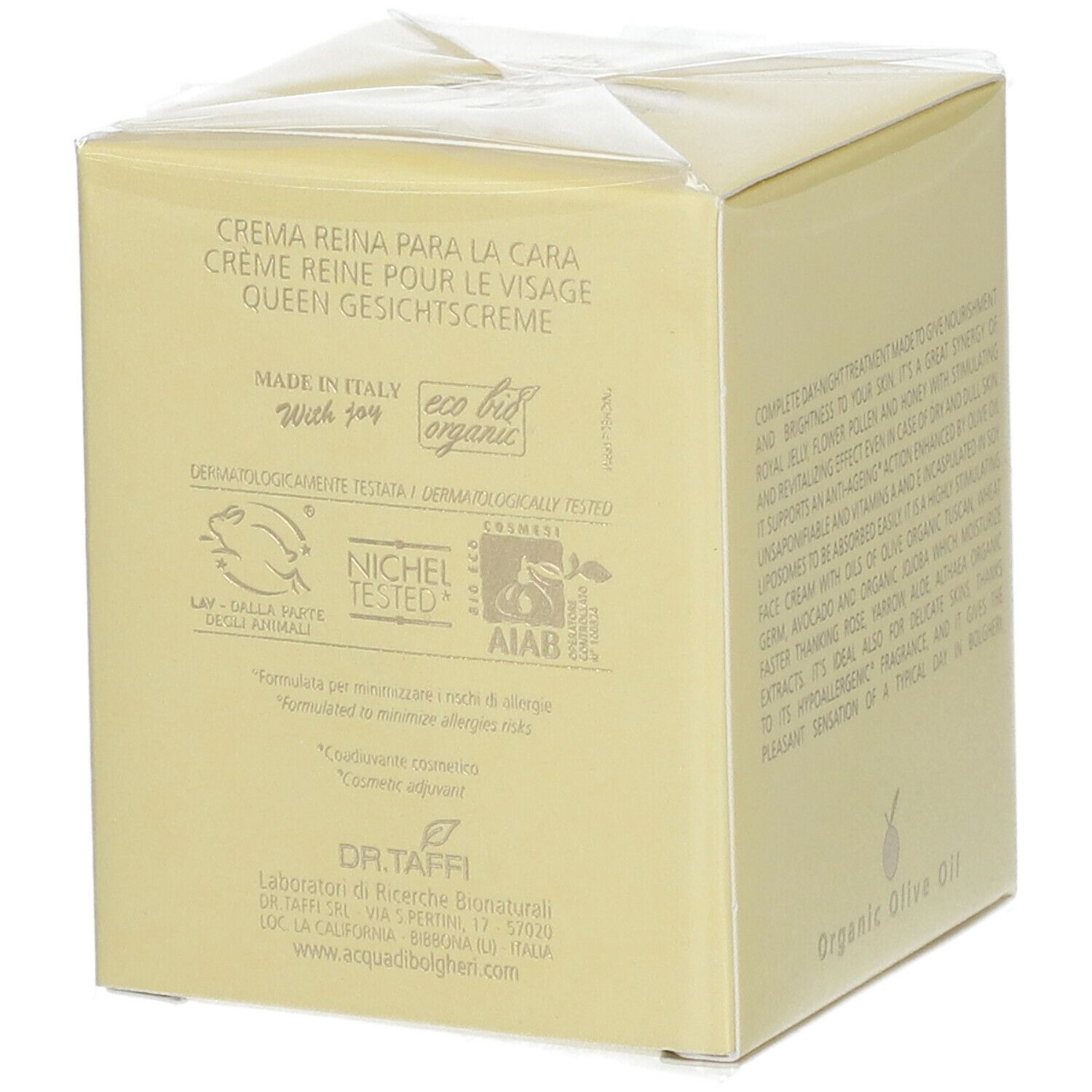 Scatola gialla con testo e loghi. ACQUA DI BOLGHERI, Crema Viso Regina. Loghi testato dermatologicamente e bio.