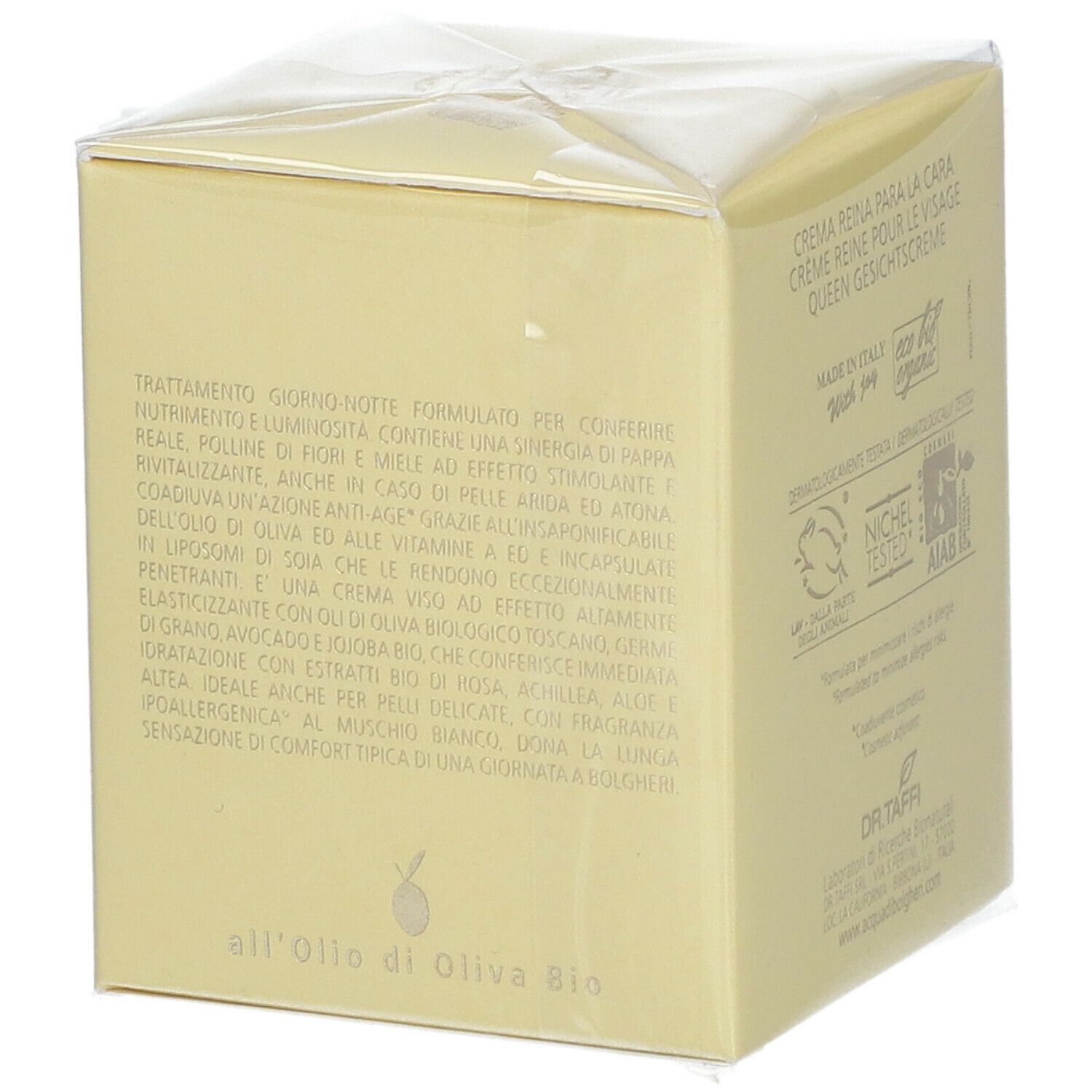 Scatola gialla con testo. ACQUA DI BOLGHERI, Crema Viso Regina. Testo su ingredienti e proprietà, olio d'oliva.