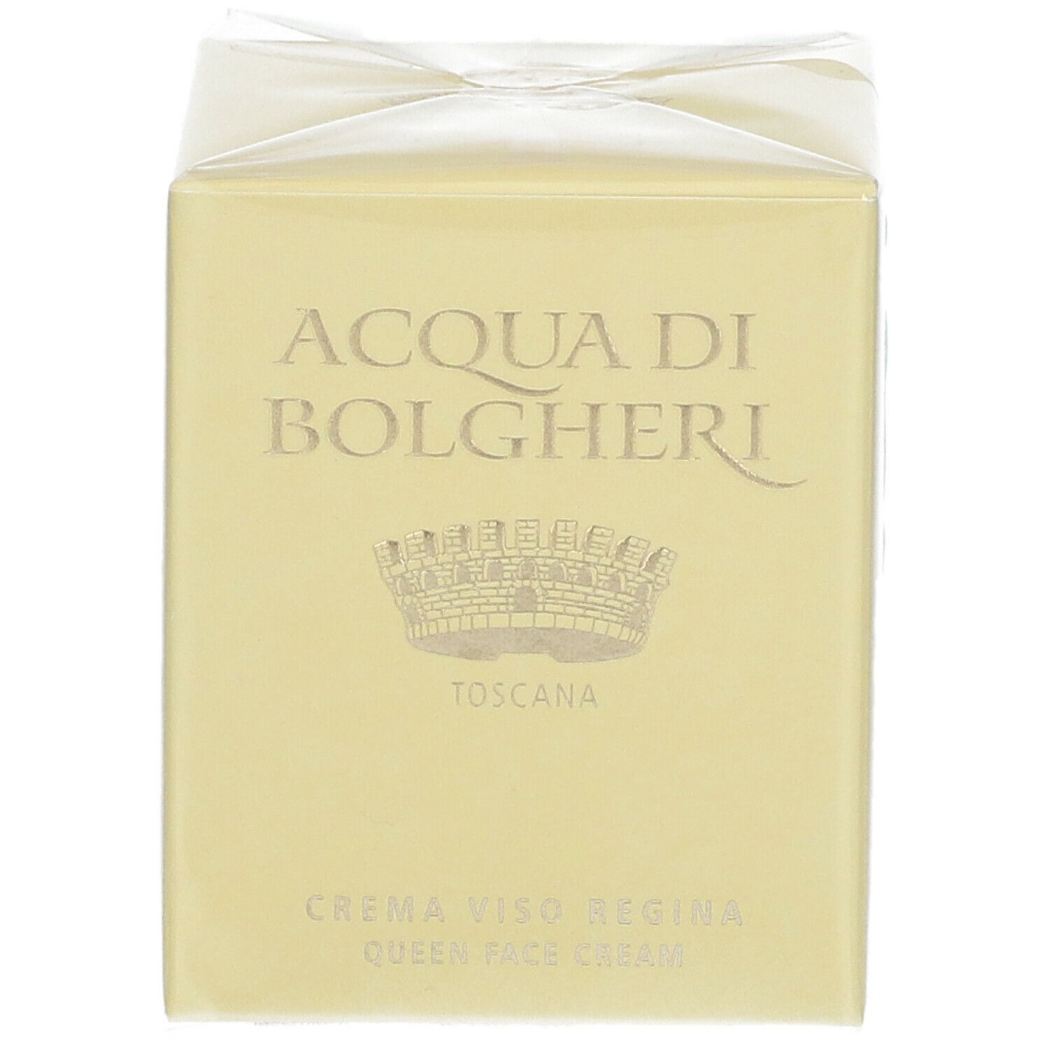 Scatola gialla con nome ACQUA DI BOLGHERI e Crema Viso Regina. Logo corona. Toscana.