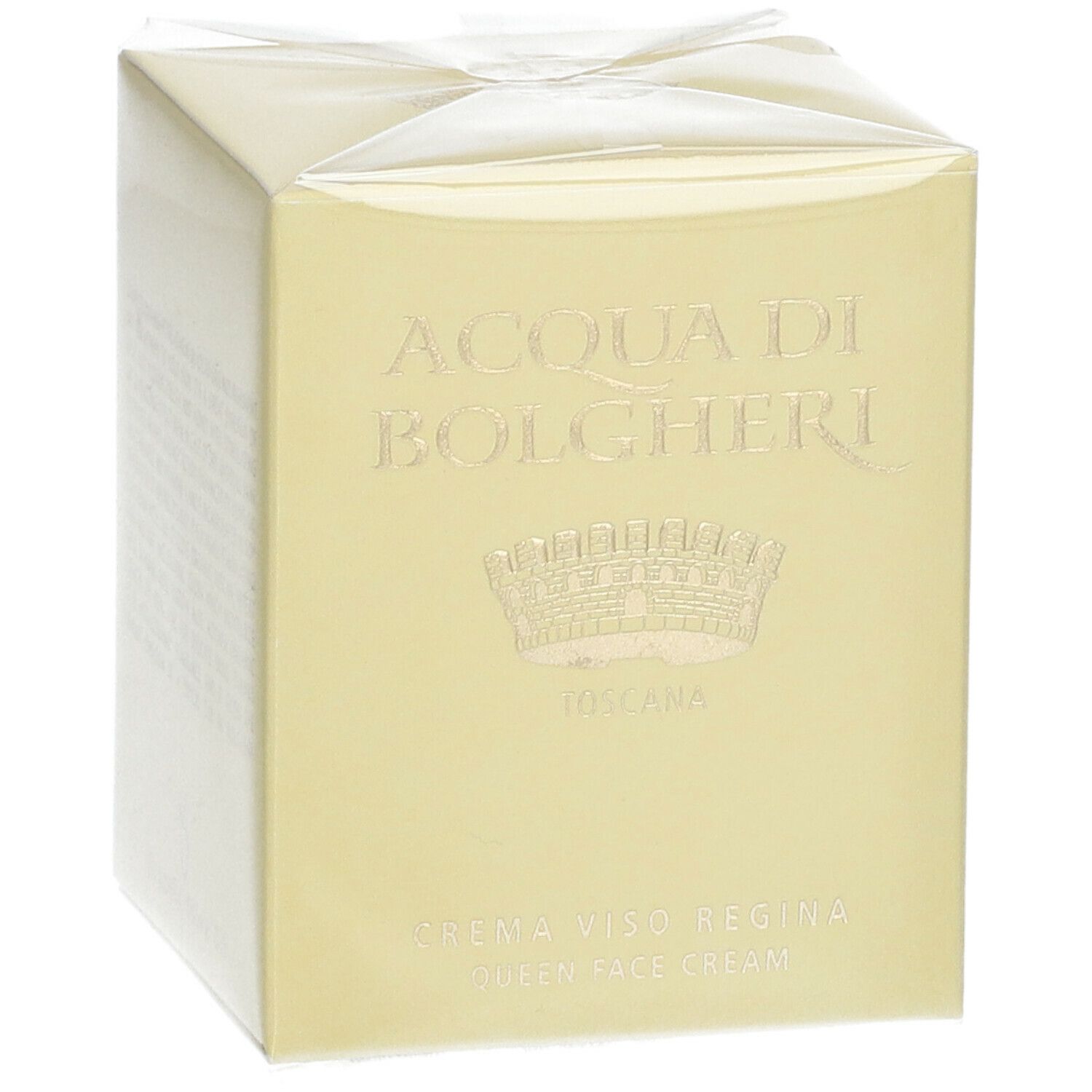 Scatola gialla con nome ACQUA DI BOLGHERI e Crema Viso Regina. Logo corona. Toscana.